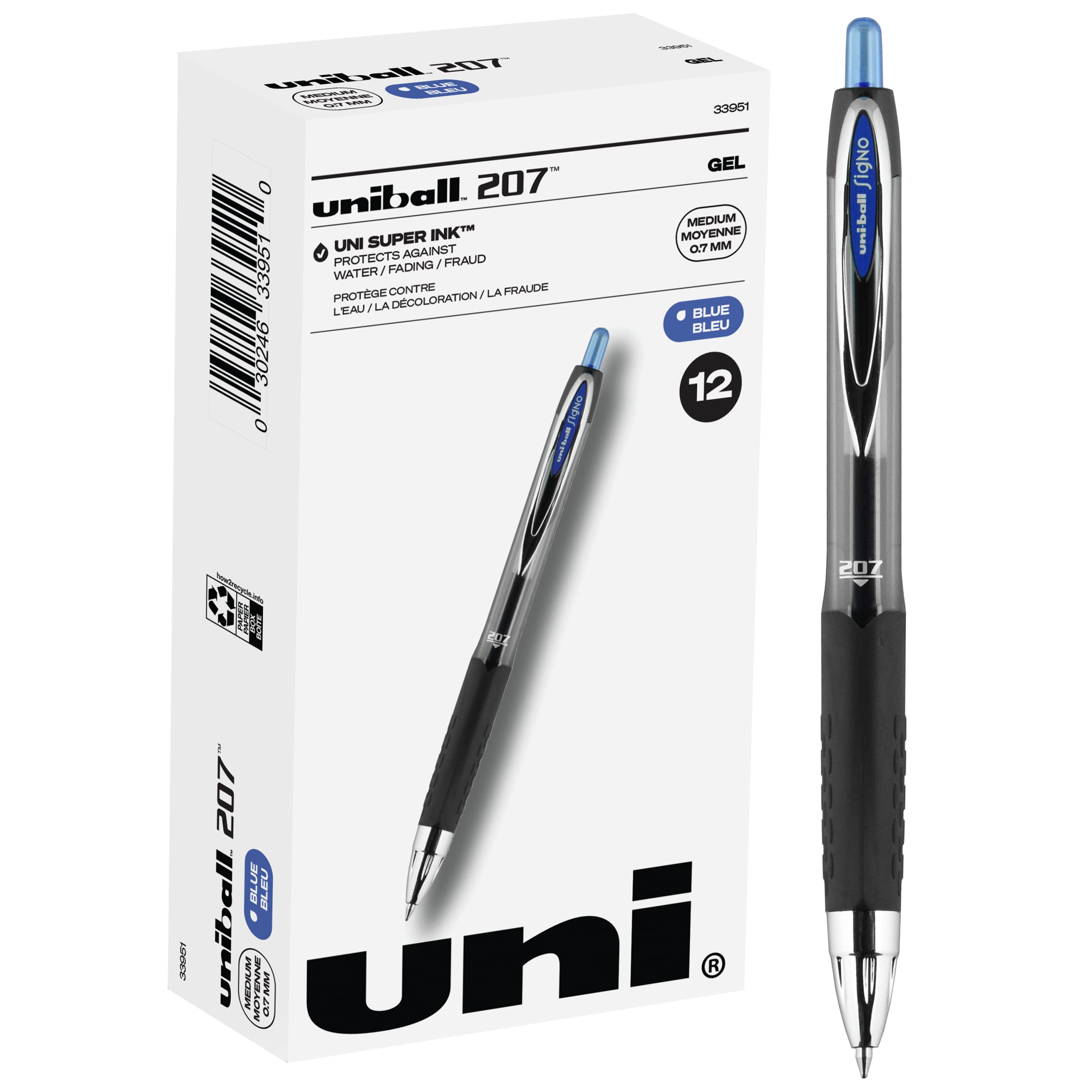 Uni-ball 207 Retractable Gel Pens - Medium Point 0.7mm, Blue Ink, 12-Pack - Perfect for Office, School & Note Taking
