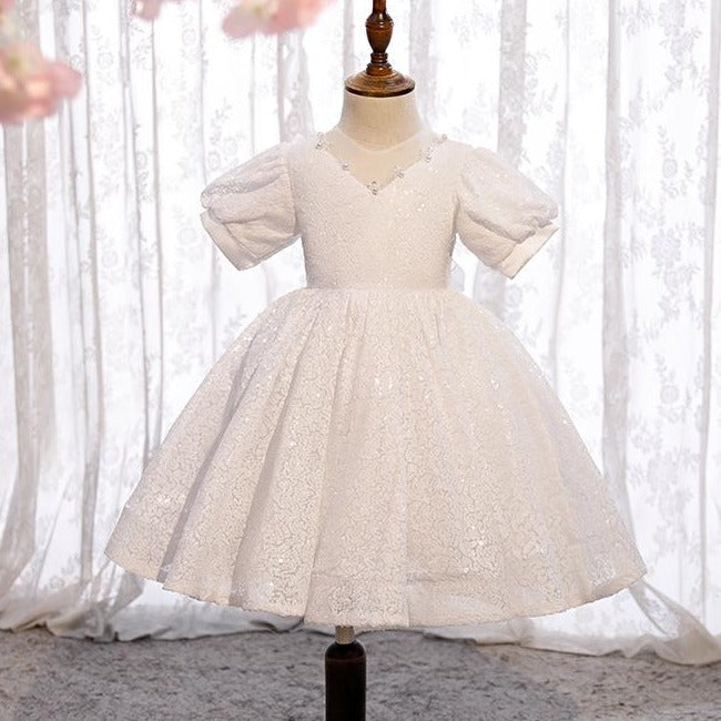 White Princess Christening Dress for Baby Girls - Sparkling Sequins & Puffy Sleeves Baptism Gown | Perfect for Church Ceremonies, First Communion & Special Occasions