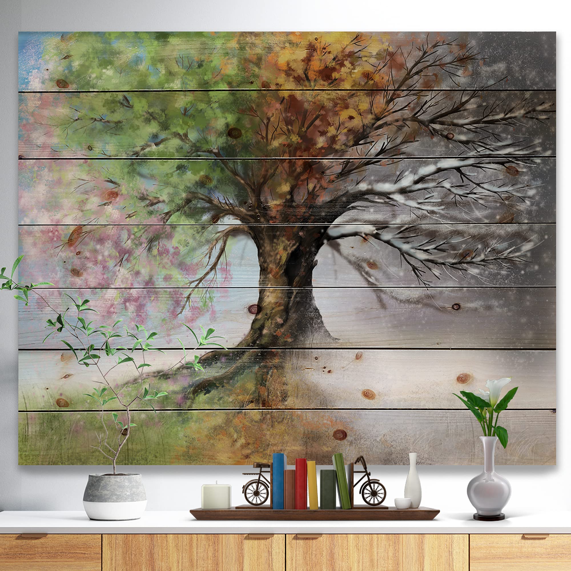 Four Seasons Tree Traditional Wood Wall Decor - Large Landscape Pine Wood Art Panel for Home & Office Decoration | Perfect for Living Room, Bedroom, and Office Spaces