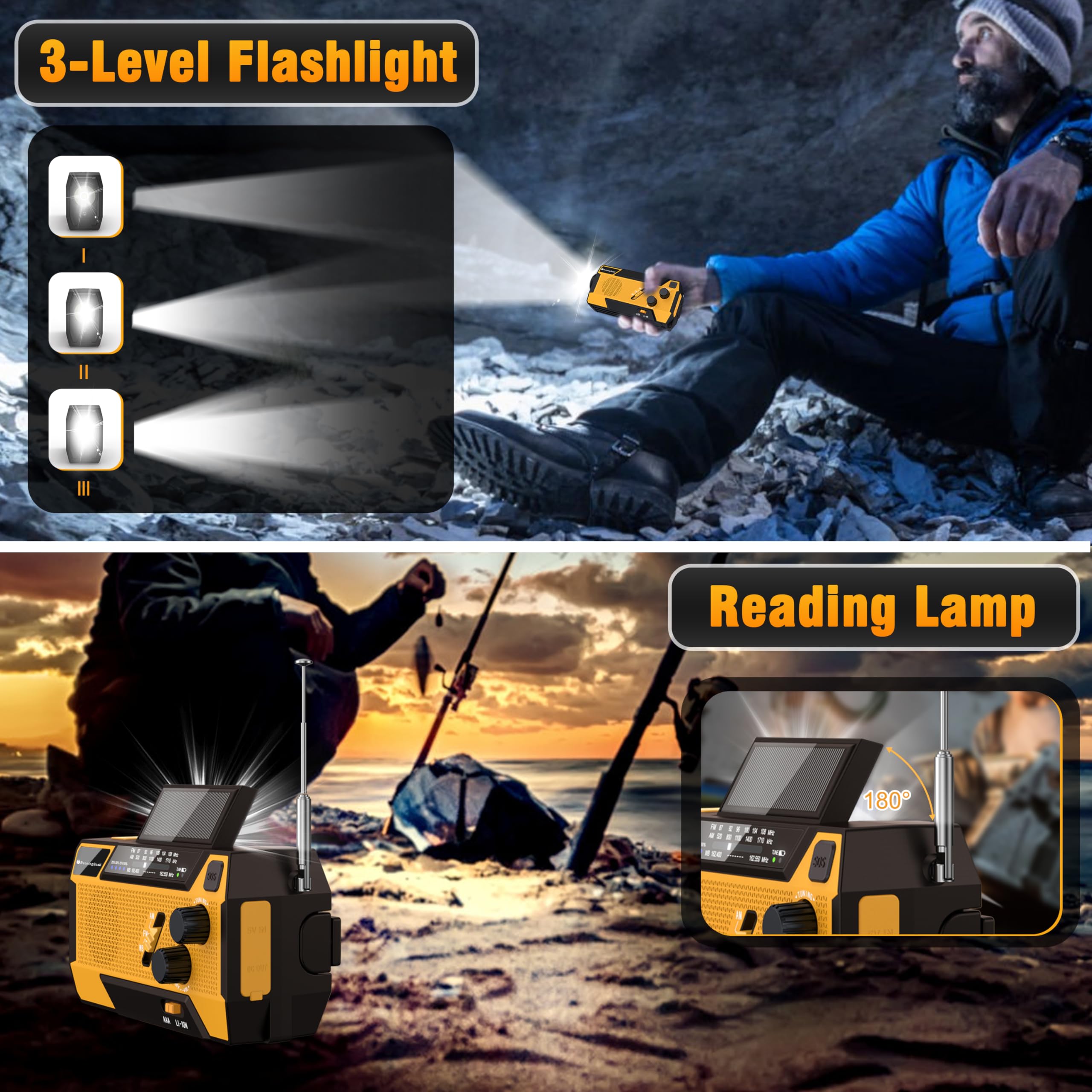 Emergency Crank Weather Radio with AM/FM/NOAA, Solar & Hand Crank Power - 2000mAh Portable Radio with SOS Alarm, Flashlight & 3 Built-in Cables for Outdoor Survival, Camping & Emergency Preparedness