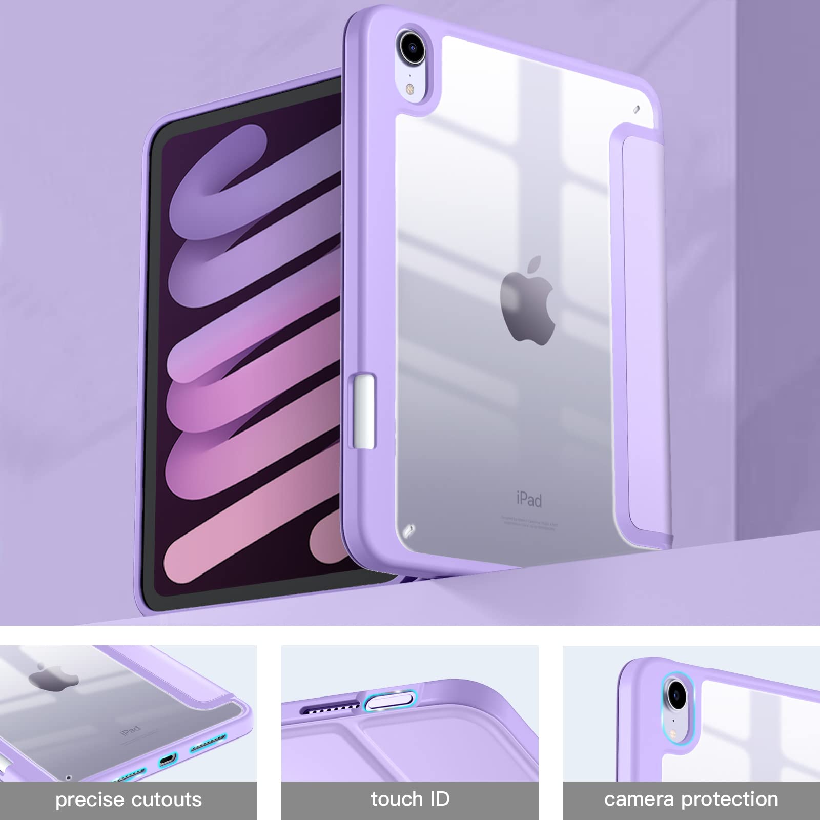 Mastten iPad Mini 7 Case with Pencil Holder - Slim Hybrid Clear Protective Cover for iPad Mini 7th/6th Generation (2024/2021) 8.3 Inch - Auto Wake/Sleep, Lavender - Perfect for Kids, Students & Professionals On-The-Go