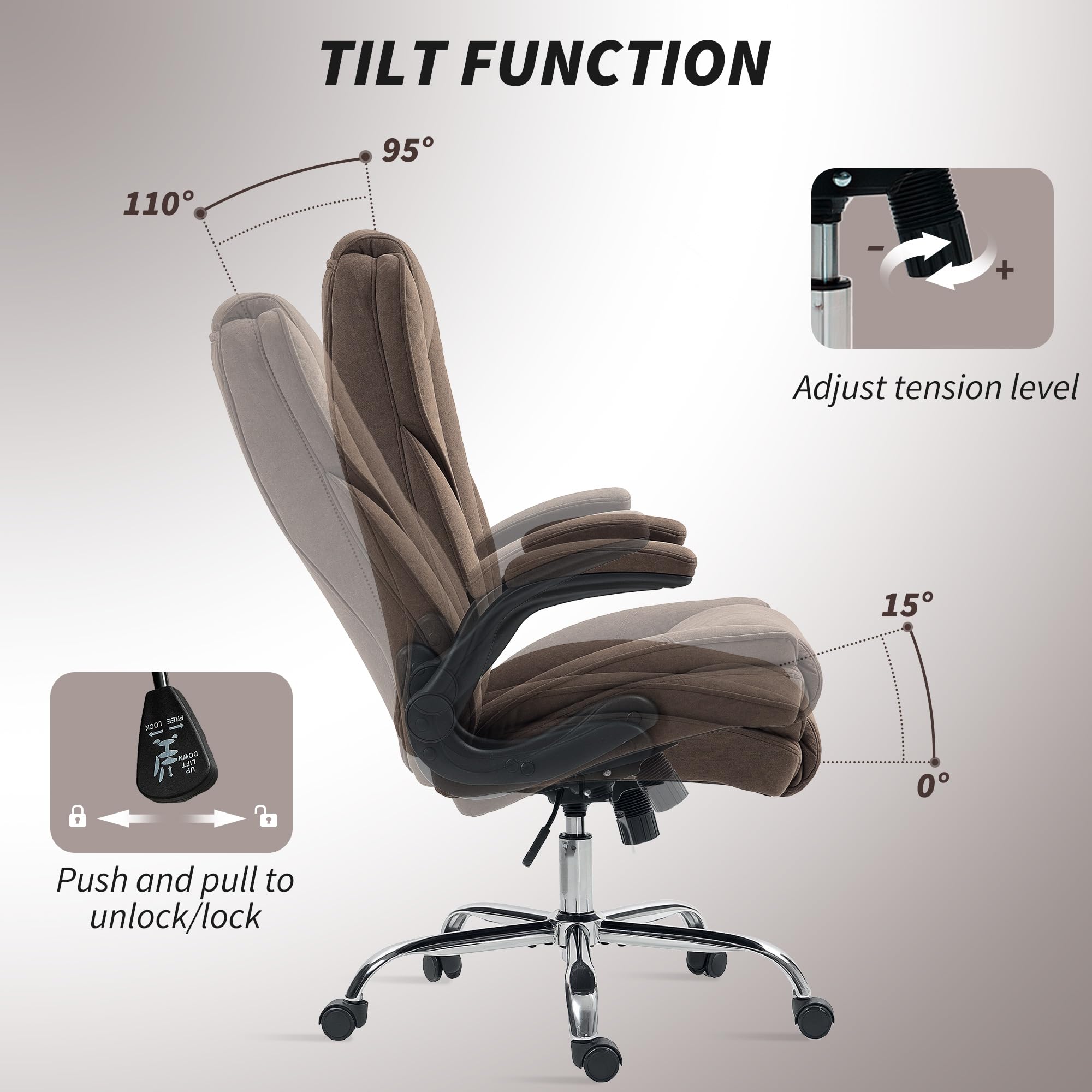 HOMCOM High Back Executive Office Chair with Swivel Wheels & Flip-Up Armrests - Adjustable Height Ergonomic Desk Chair - Modern Diamond Fabric Computer Chair for Home Office (Dark Brown) - Perfect for Long Work Hours & Video Conferencing