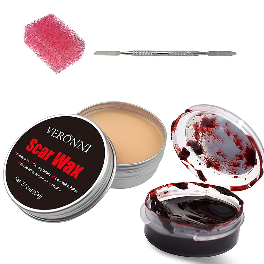 Ysimee 4-Piece Fake Blood Makeup Kit with Gel, Scar Wax, Tool Pen & Sponge - Scab & Coagulated Blood Effect for Halloween Costume, Cosplay & Horror Party Makeup