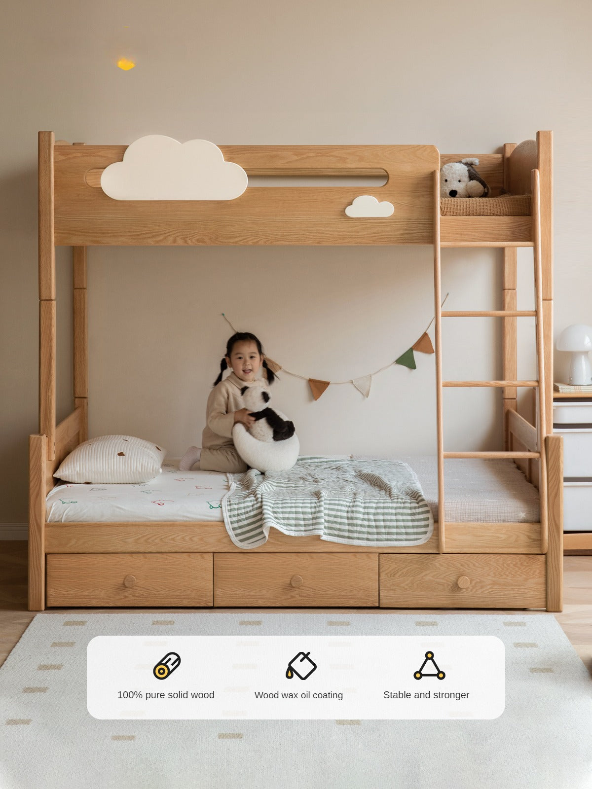 Solid Oak Wood Multi-Functional Bunk Bed with Ladder & Guardrails - Space-Saving Kids Bedroom Furniture for Siblings or Sleepovers