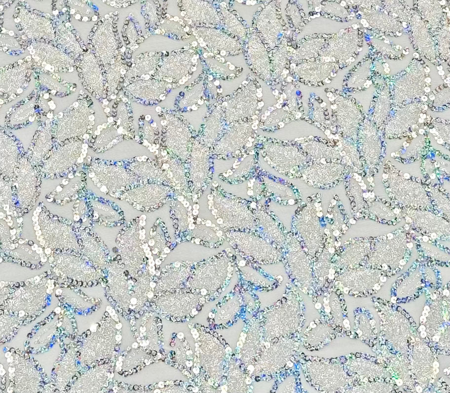 Ava Frosted Sequin Stretch Mesh Fabric - White/Silver Glitter Material for Evening Dresses, Costumes & DIY Crafts