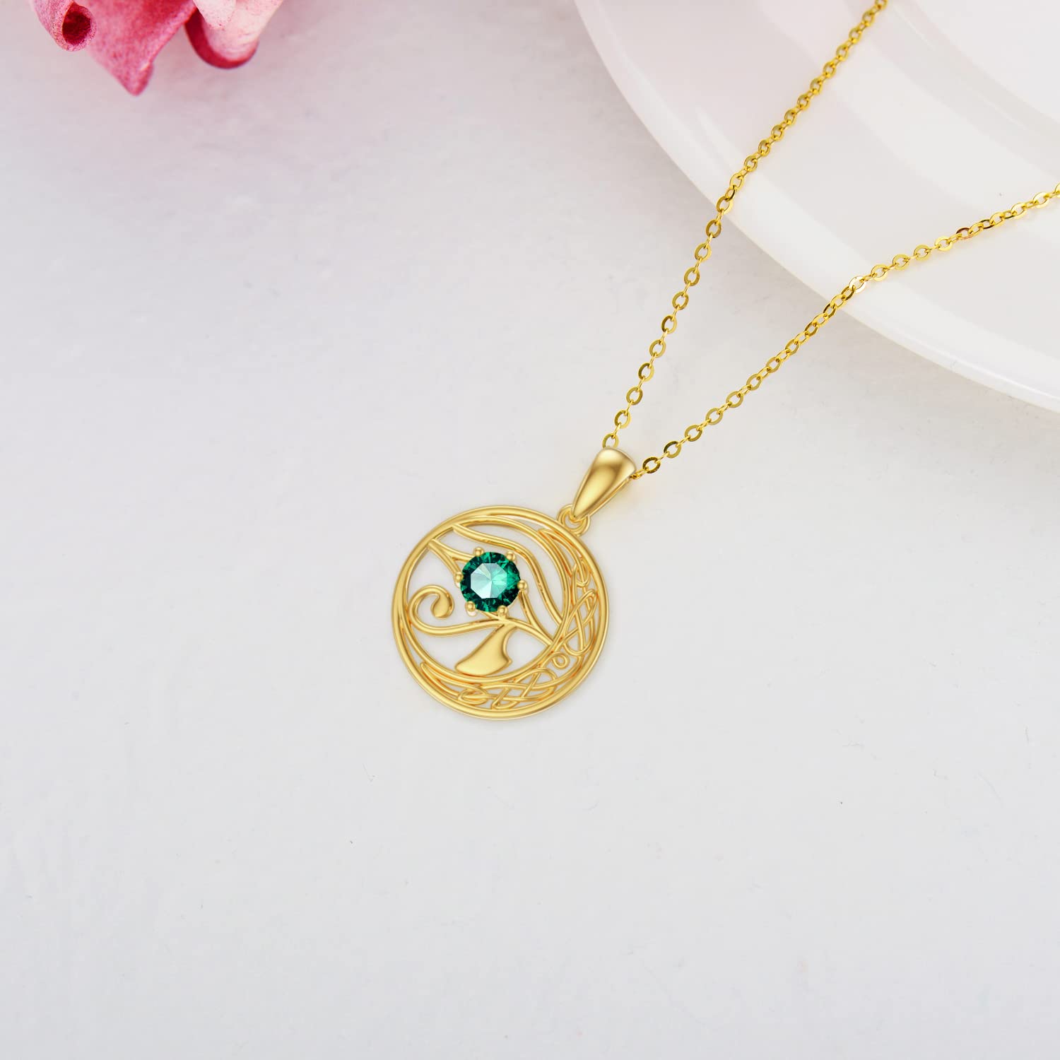 14K Gold Eye of Horus Necklace with Genuine Emerald - Irish Celtic Knot Pendant for Women, Elegant 16