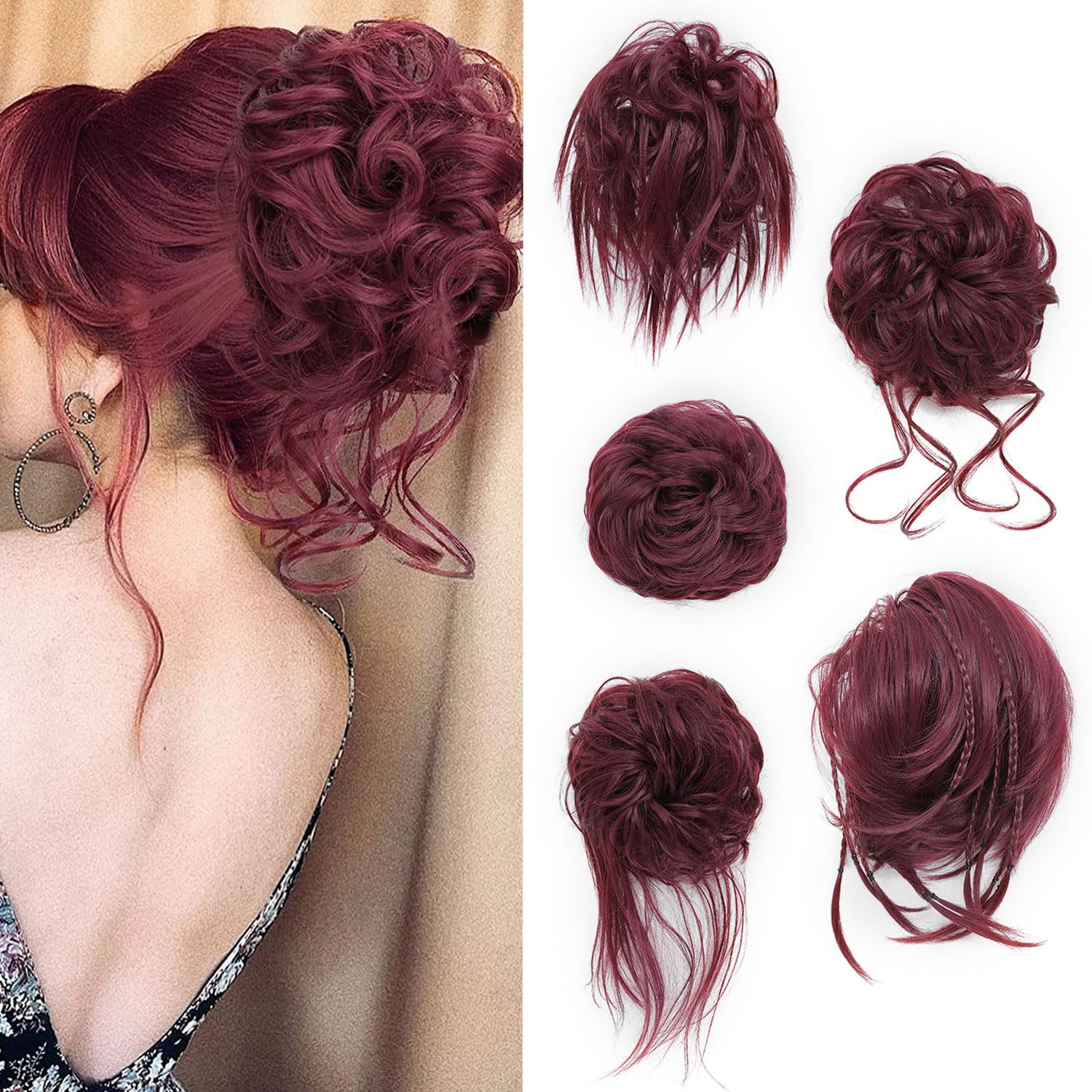 5 PCS Messy Bun Hair Extensions for Women - Elastic Ponytail Scrunchies & Fake Hair Buns Set for Updos, Braids & Bun Hairstyles - Perfect for Daily Wear, Work, Gym & Special Occasions (Red)