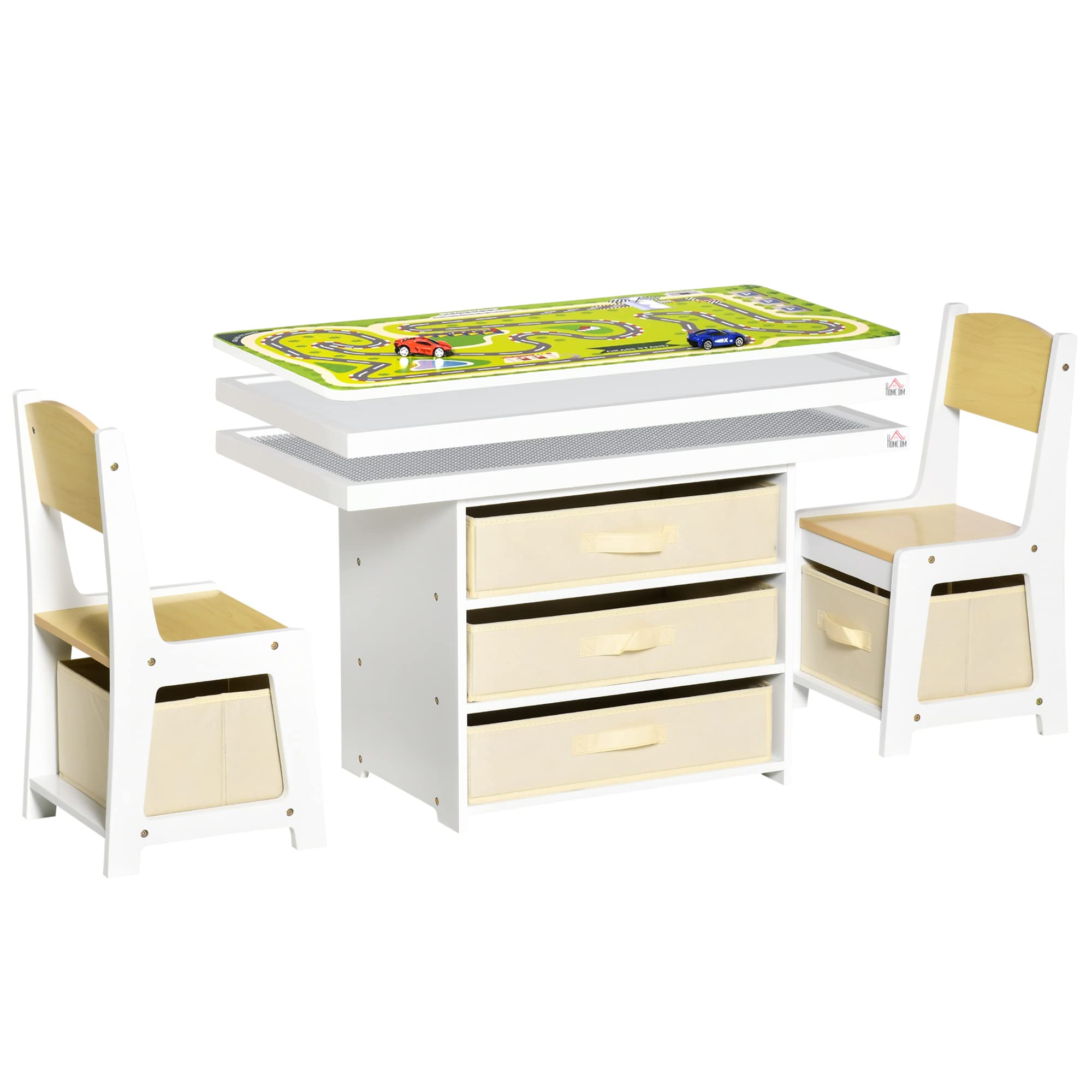 Qaba 3-in-1 Kids Activity Table and Chairs Set - Convertible Drawing Table, Building Blocks Play Table with Road Map & 2 Toy Cars, Includes Storage Baskets for Toddlers & Preschoolers - Perfect for Playroom, Daycare & Homeschool Learning Activities