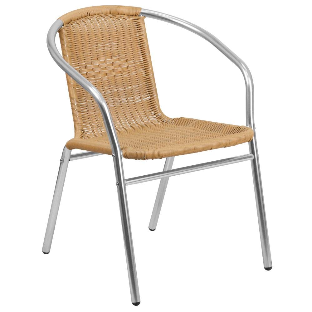Flash Furniture 27.5'' Square Aluminum Indoor-Outdoor Patio Dining Table Set with 2 Beige Rattan Chairs - Perfect for Backyard, Garden, Poolside & Small Balcony Spaces