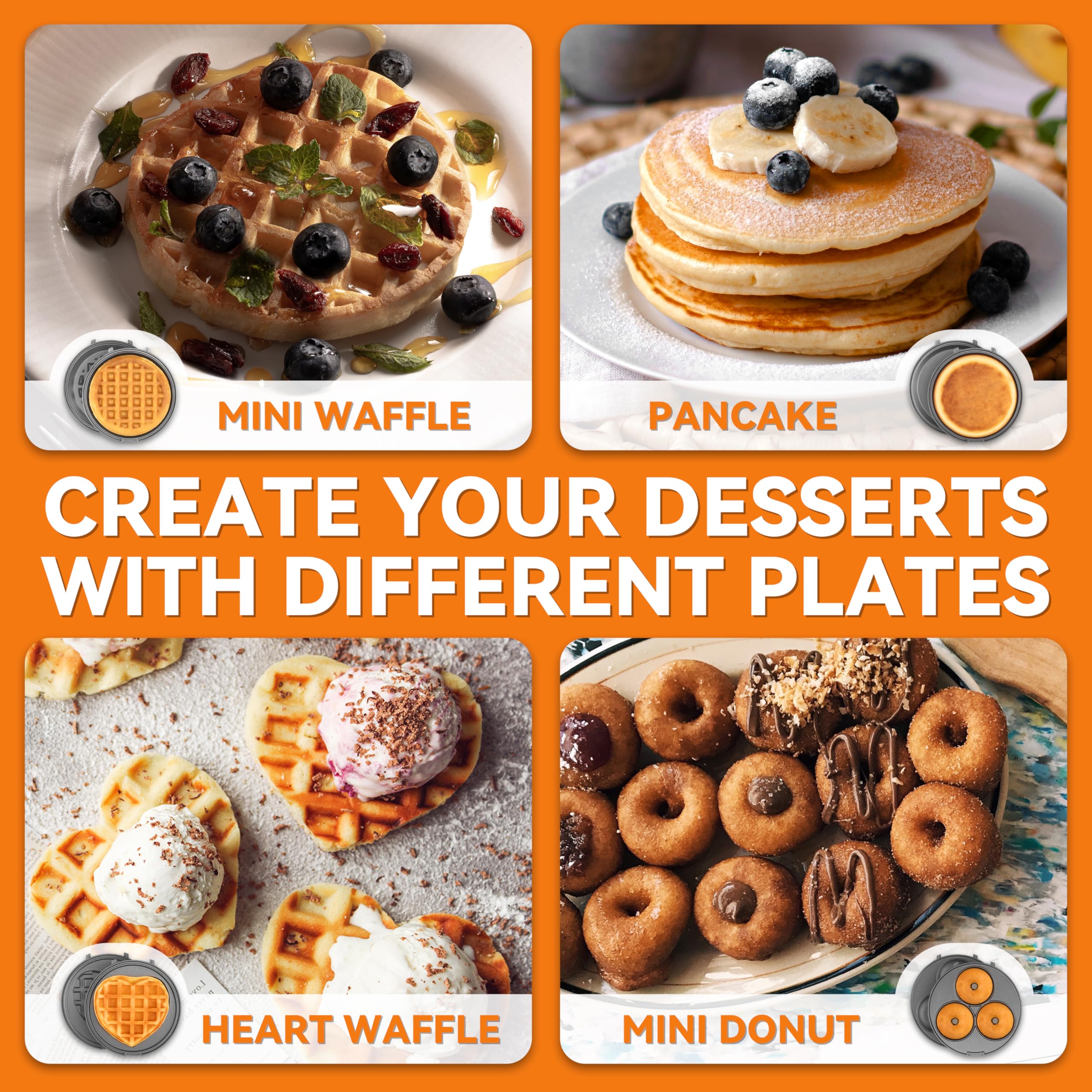 4-in-1 Mini Waffle Maker Set with Removable Plates - Pancake, Donut & Heart Waffle Maker | Compact Breakfast Appliance for Home, Dorm & Office | Includes Recipe Book | Graphite Design