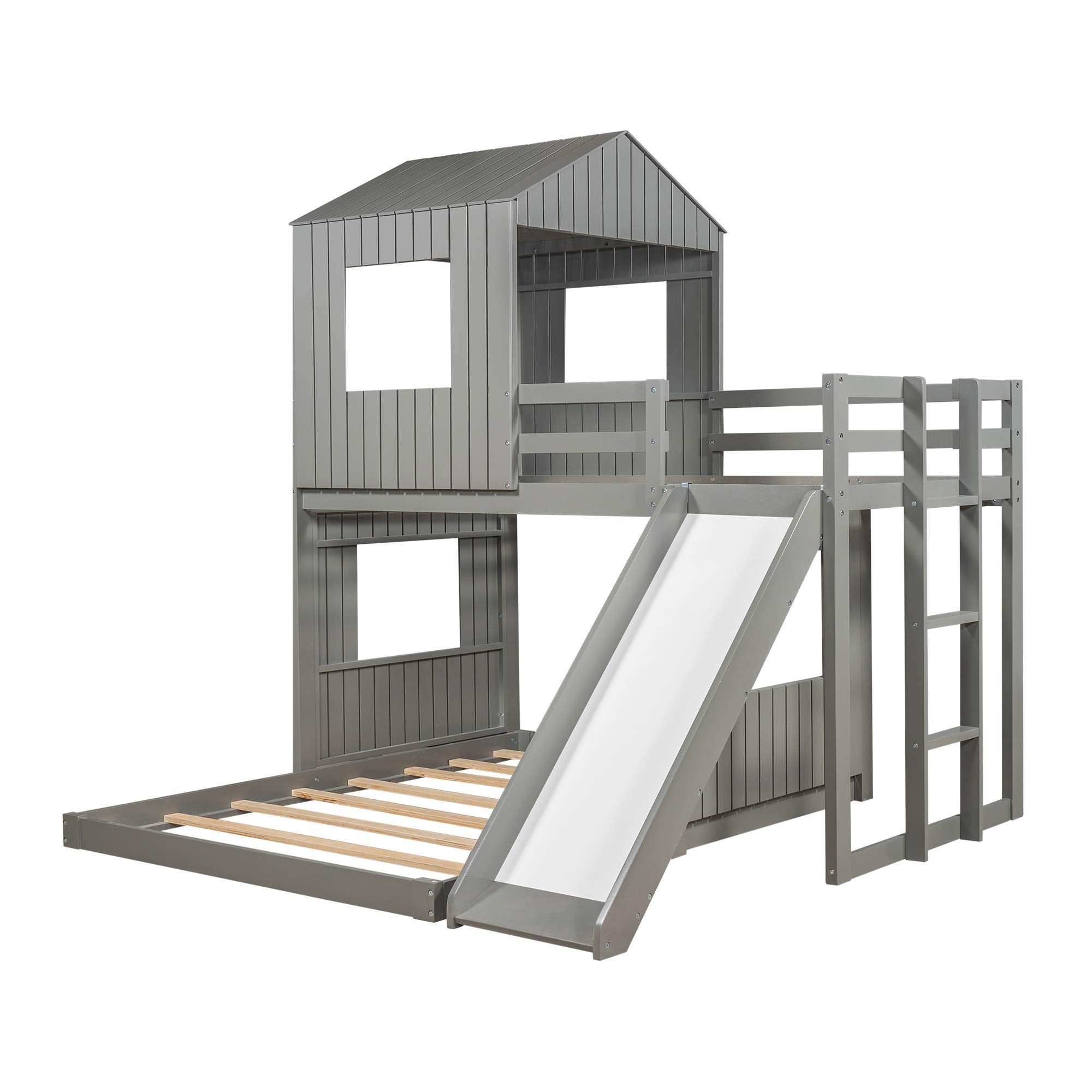 Quarte Twin Over Full Bunk Bed with Slide & Ladder - Solid Wood Loft Bed Frame with Playhouse, Farmhouse Design & Safety Guardrails - Perfect for Teens, Kids, Toddlers, Boys & Girls (Gray-9) - Ideal for Small Bedrooms, Kids' Rooms & Shared Spaces
