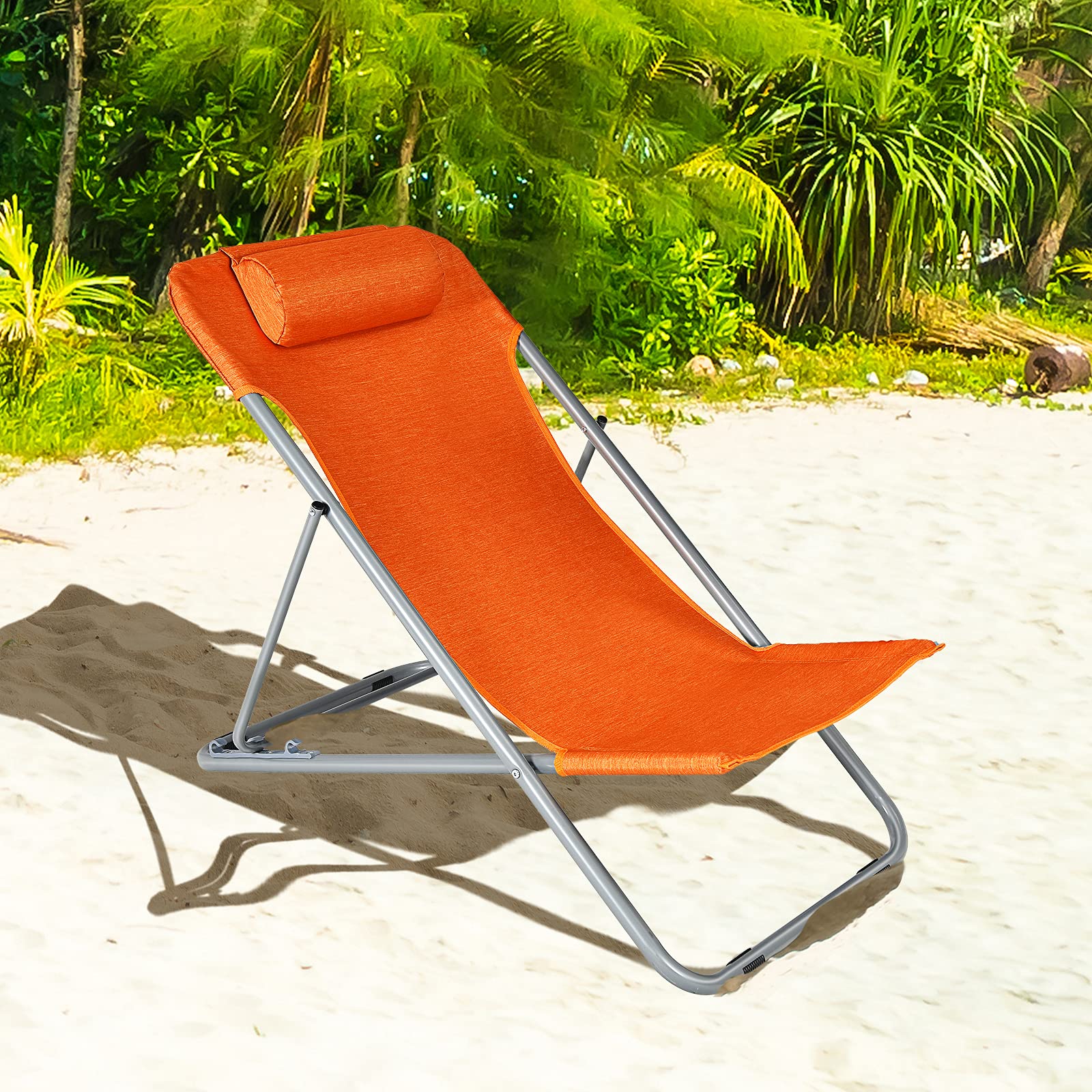 GYMAX 2-Pack Adjustable Beach Chairs for Adults - Portable Folding Lounge Chairs with 3-Level Reclining Backrest & Removable Pillow - Perfect for Beach, Camping, Poolside, Fishing, Backyard & Outdoor Relaxation (Orange)