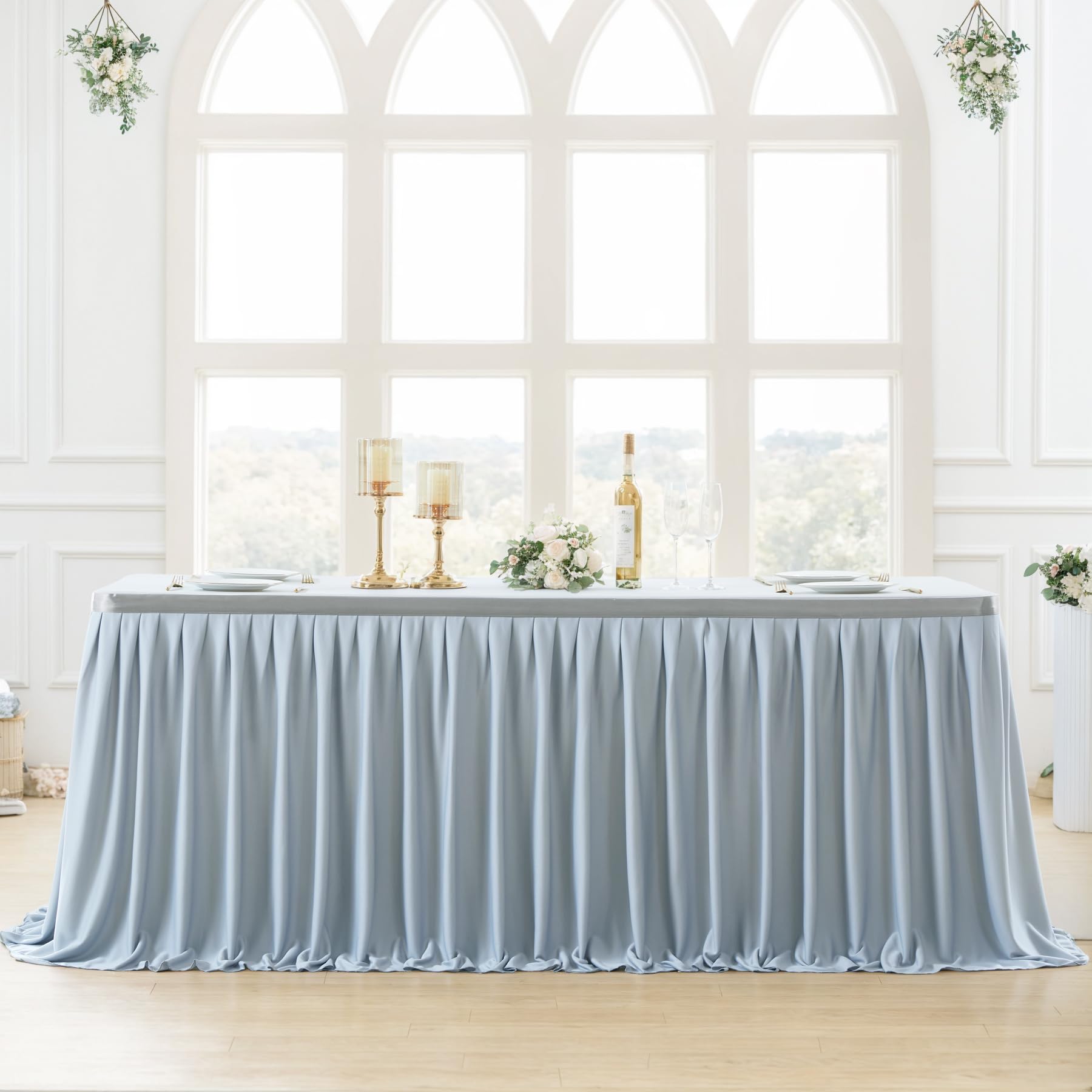 Gray Polyester Table Skirt 9ft - Wrinkle Resistant for Banquet & Wedding Decor