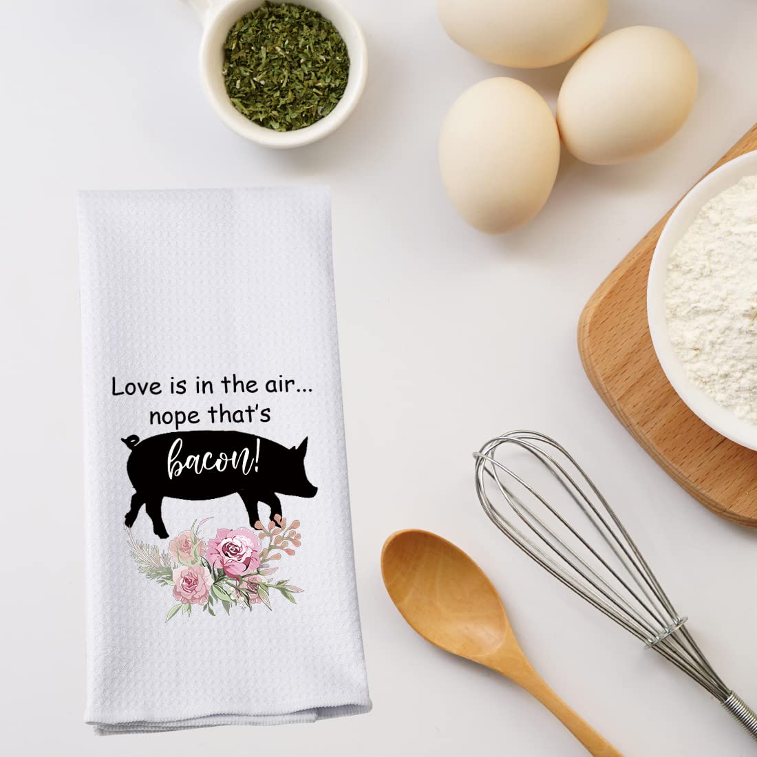 PWHAOO Funny Bacon Kitchen Towel - Pig Farm Theme with 'Love is in The Air' Design - Absorbent Cotton Dish Towel for Cooking, Baking & Farmhouse Decor