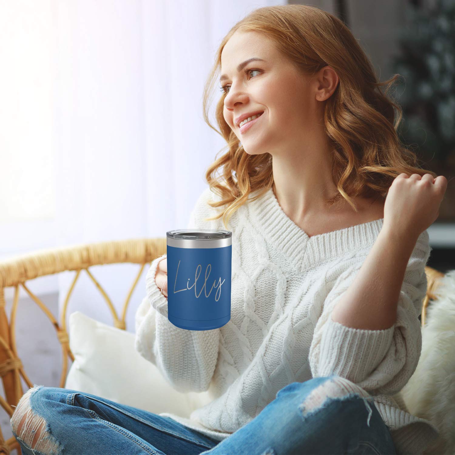 Custom Engraved 15oz Blue Matte Stainless Steel Vacuum Insulated Coffee Mug - Personalized Gift with Handle for Office, Travel & Home Use