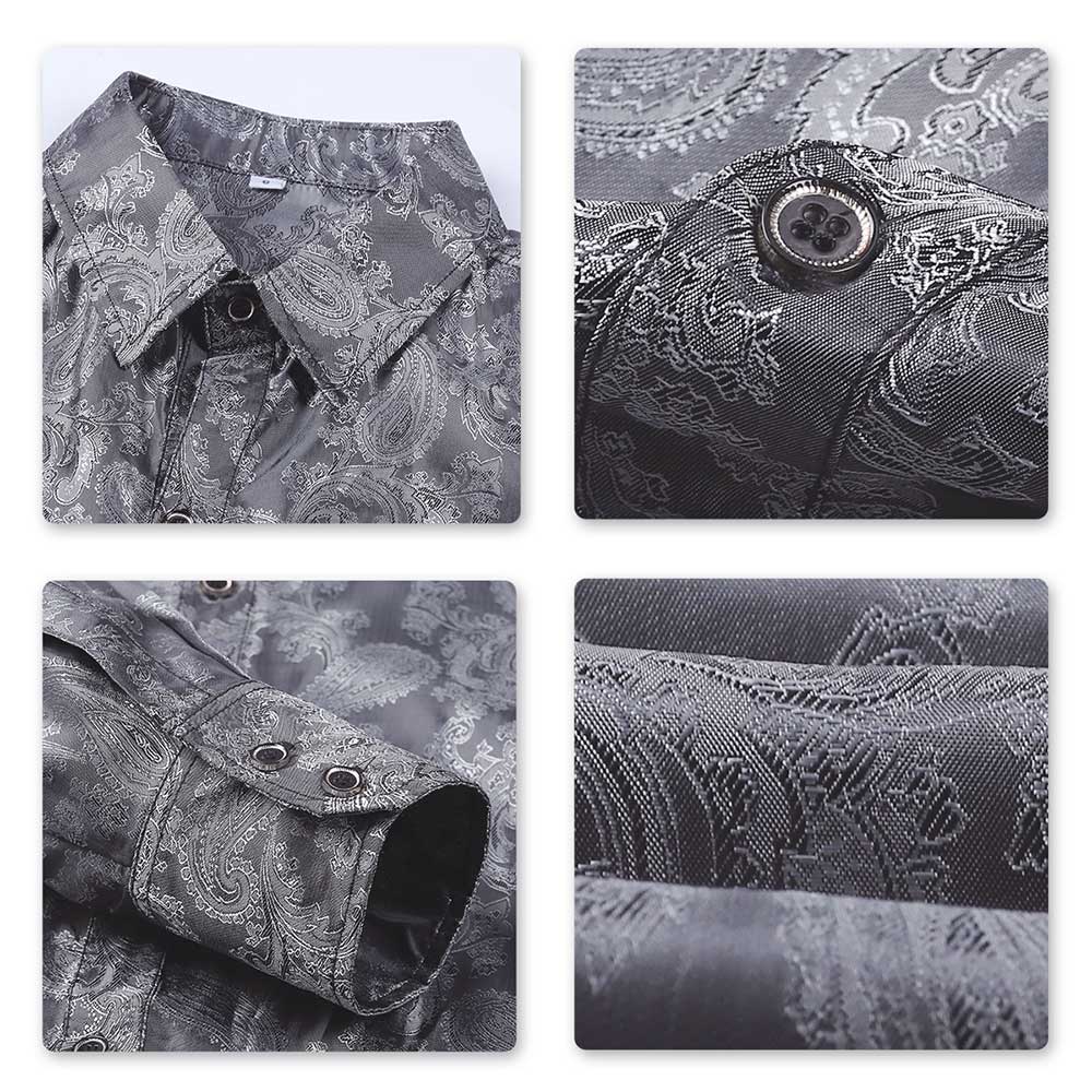 Slim Fit Embroidered Grey Paisley Shirt for Men - Stylish Casual Button Down Shirt for Office, Party & Date Night Outfits
