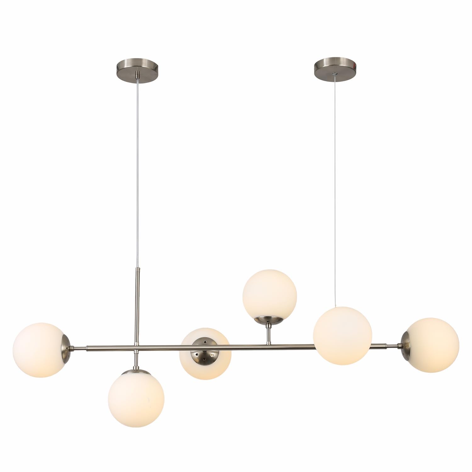 KCO Modern Mid-Century Glass Sputnik Pendant Light - Adjustable 6-Light LED Chandelier for Kitchen Island, Dining Room & Living Room (Silver/White) - Perfect for Contemporary Home Lighting & Interior Decor