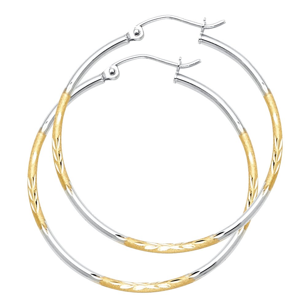 14K Two-Tone Gold 2mm Hoop Earrings for Women - 35mm Diameter Dainty Huggie Hoops - Perfect for Everyday Wear, Parties & Gifts