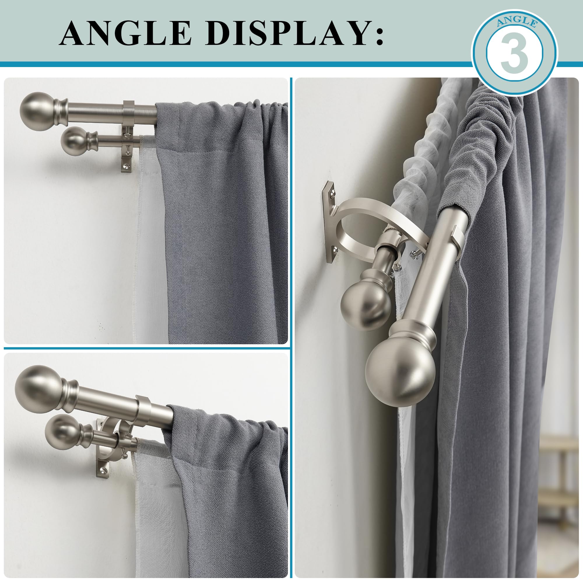 Brushed Nickel Double Curtain Rods 72-144 Inch Adjustable - 1’’ Front & 5/8’’ Back Drapery Rod with Round Finials & Aluminum Brackets - Dual Window Rod for Sheer & Blackout Curtains - Perfect for Living Room, Bedroom & Home Decor