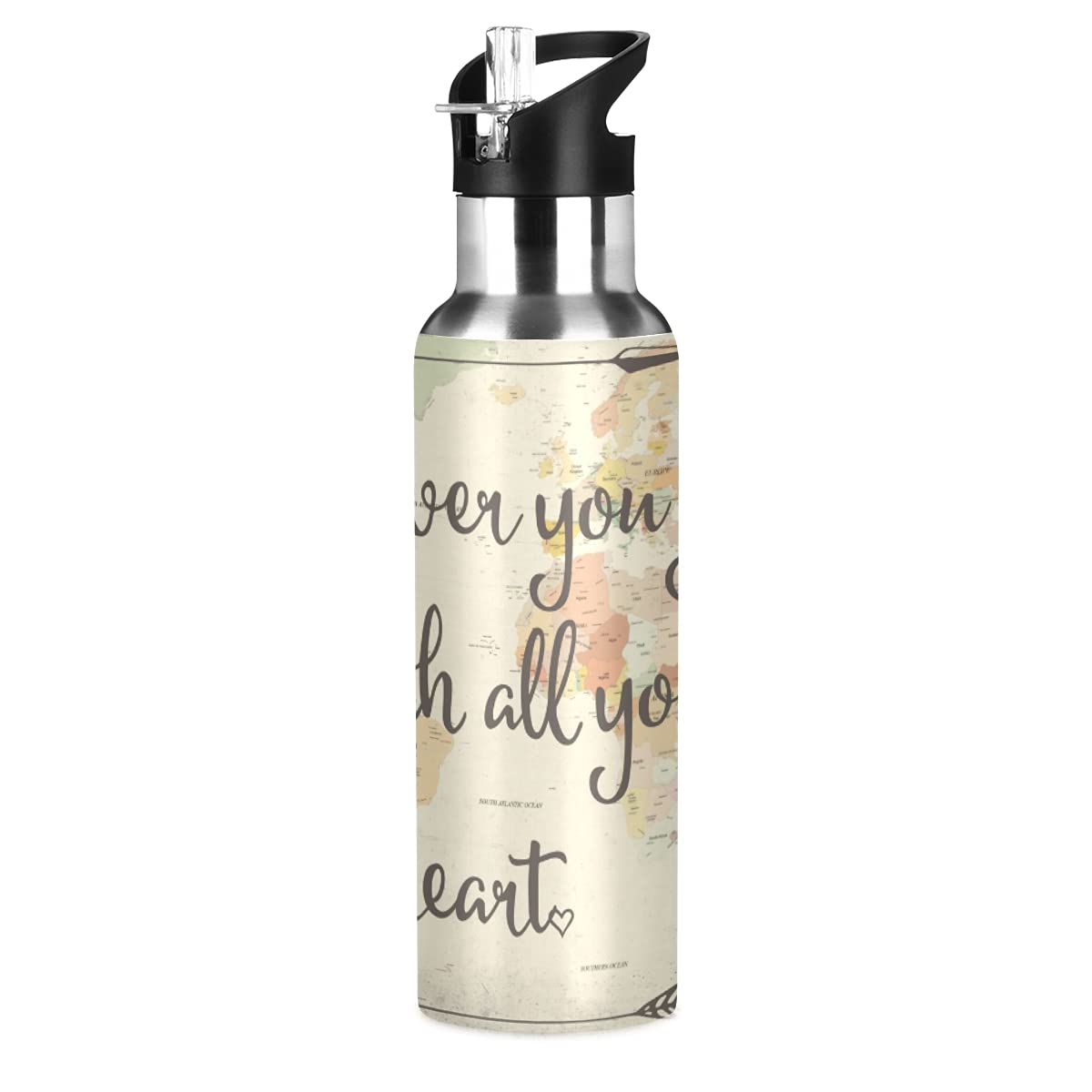BPA-Free Insulated Stainless Steel Water Bottle 20oz - World Map Design with Inspirational Quote - Leakproof & Durable for Sports, Cycling, Work & Travel - Perfect for Gym, Outdoor Adventures & Daily Hydration