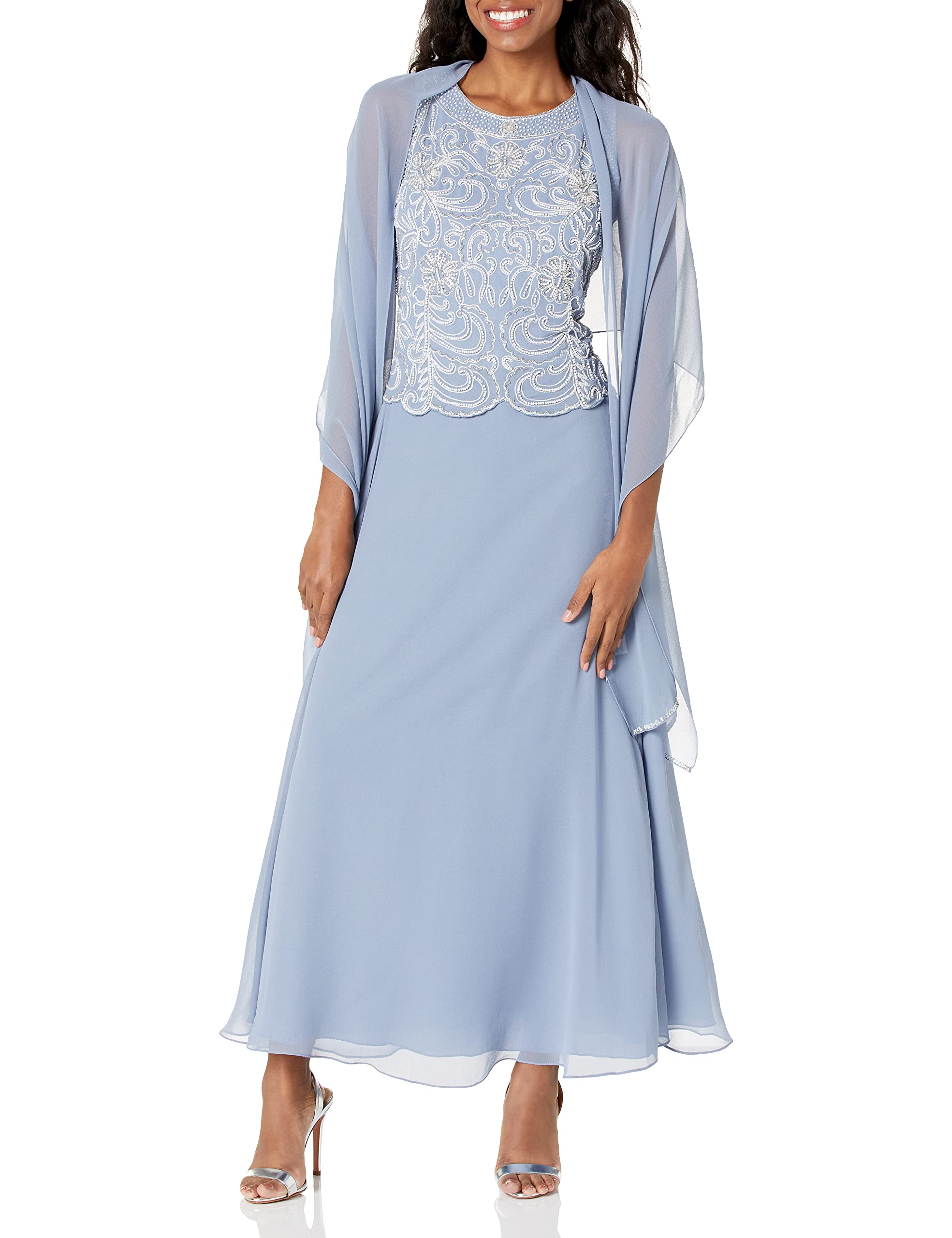 J Kara Women's Petite Sleeveless Scallop Long Beaded Dress with Scarf - Elegant Evening Gown for Wedding, Party & Special Occasions