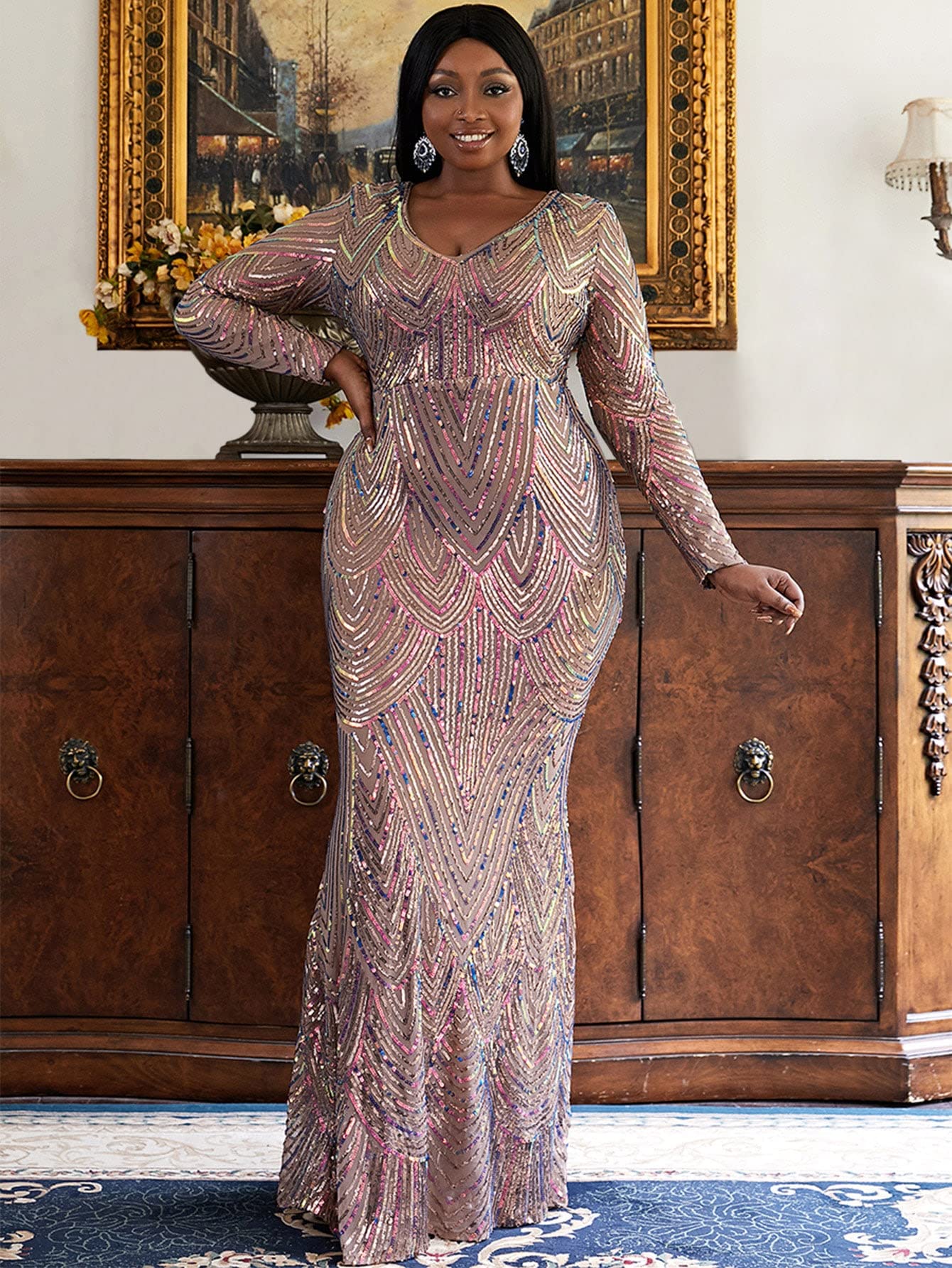 HUFFA Plus Size Sequin Mermaid Hem Formal Dress for Women - Elegant Long Sleeve Evening Gown in Multicolor (X-Large) | Perfect for Prom, Wedding Guest & Special Occasions