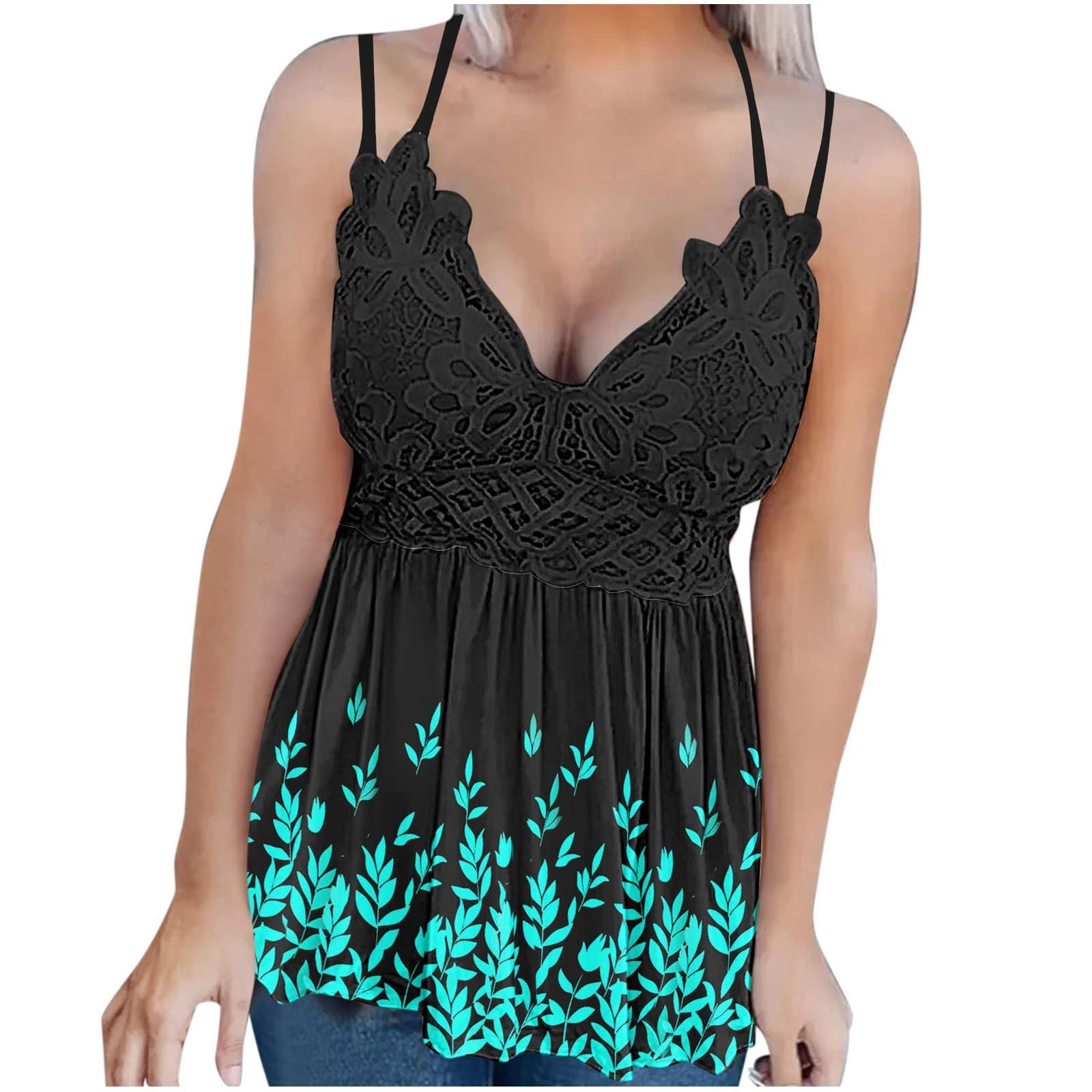 Women's Fashion Lace Patchwork Printed Vest - Sleeveless Blouse with Suspenders | Stylish Camisole & Tee for Casual Wear, Office Outfits & Summer Wardrobe
