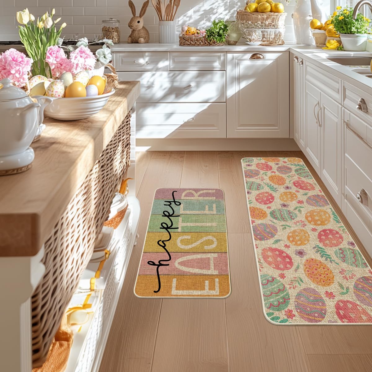 Vibrant Easter Egg Kitchen Mats Set of 2 - Non-Slip Spring Home Decor Floor Rugs (17x29 & 17x47 Inch) for Easter Decorations, Kitchen Protection & Holiday Cheer