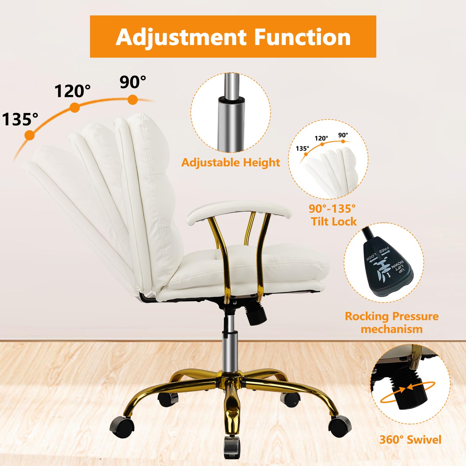 Ergonomic Office Desk Chair with Wheels & Adjustable Arms - Faux Leather Computer Chair for Home, Bedroom & Office - White Chair with Gold Casters (300lb Weight Capacity) - Perfect for Long Work Hours, Gaming & Study Sessions