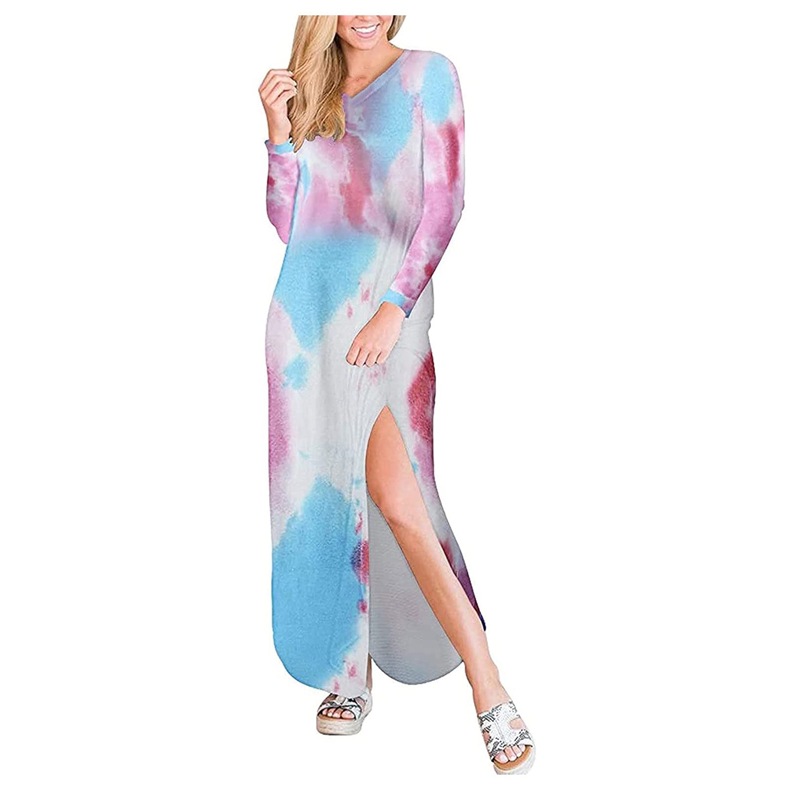 Bohemian Print Long Sleeve Maxi Dress for Women with Side Slit & Pocket - Flowy Loose Fit Casual Summer Dress for Beach, Vacation & Everyday Wear