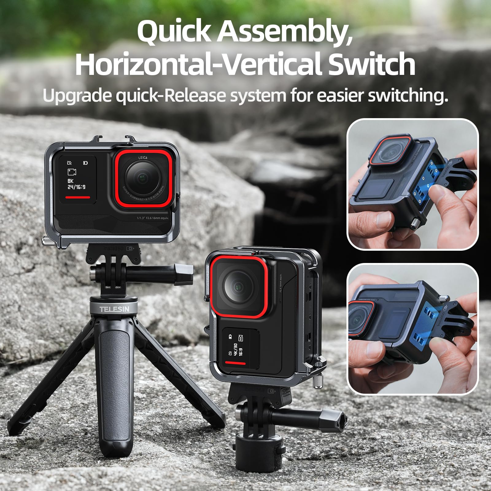 TELESIN Aluminum Alloy Horizontal & Vertical Mount Bracket for Insta360 Ace & Ace Pro Tripod Accessories - 1/4