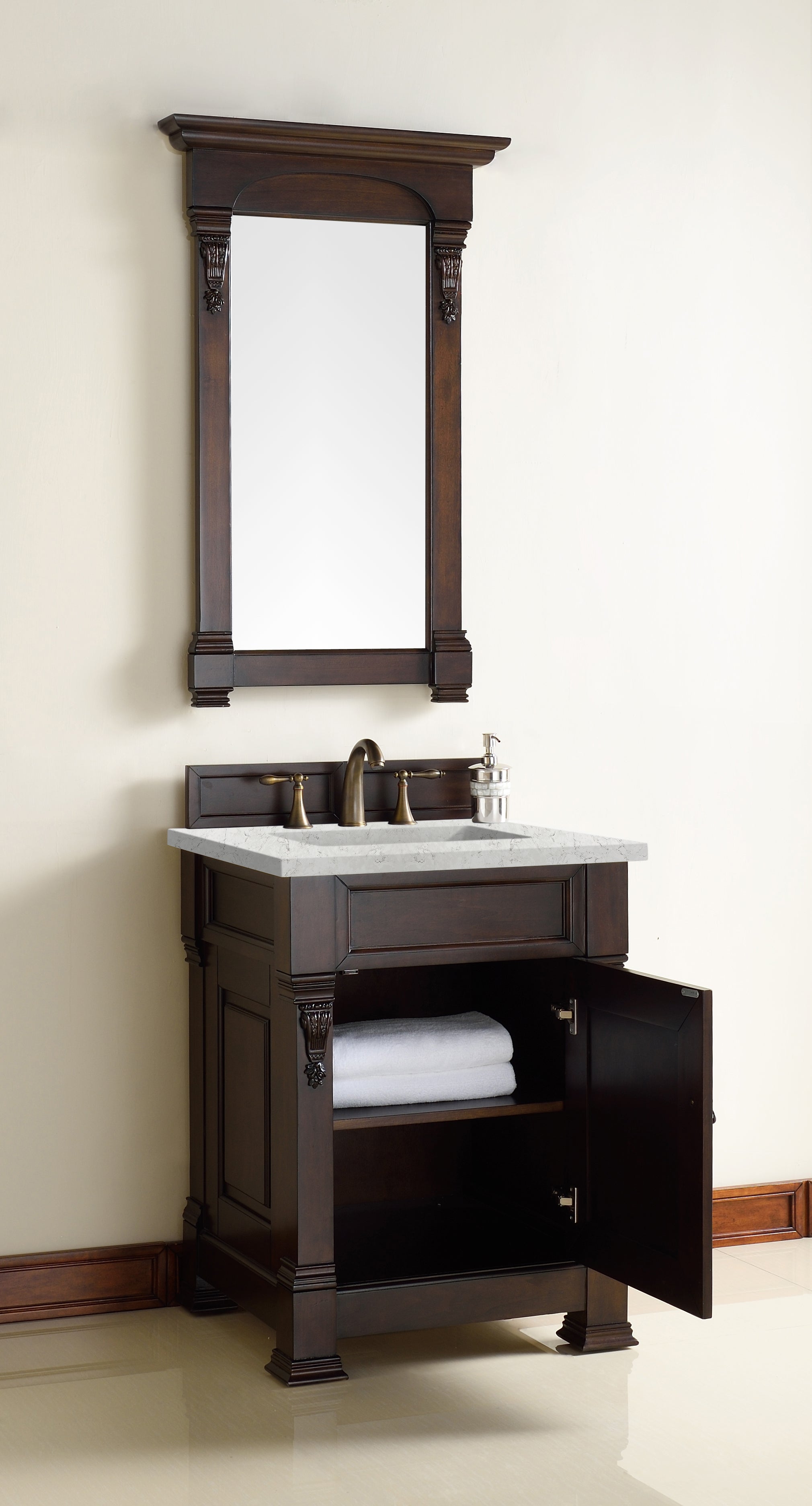 Brookfield 26 Inch Single Bathroom Vanity with Burnished Mahogany Base & 3CM Eternal Jasmine Pearl Quartz Countertop - Perfect for Modern Master Bath or Powder Room Renovation