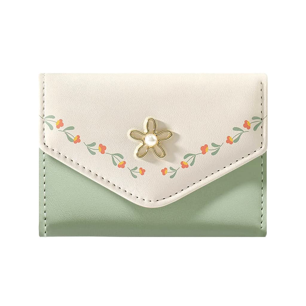 Sunwel Fashion Small Cute Trifold Wallet for Women - Slim Coin Purse with ID/Photo Window & 3D Flower Buckle - Card Holder for Girls (Green) | Perfect for Everyday Use, Travel & Gift Giving