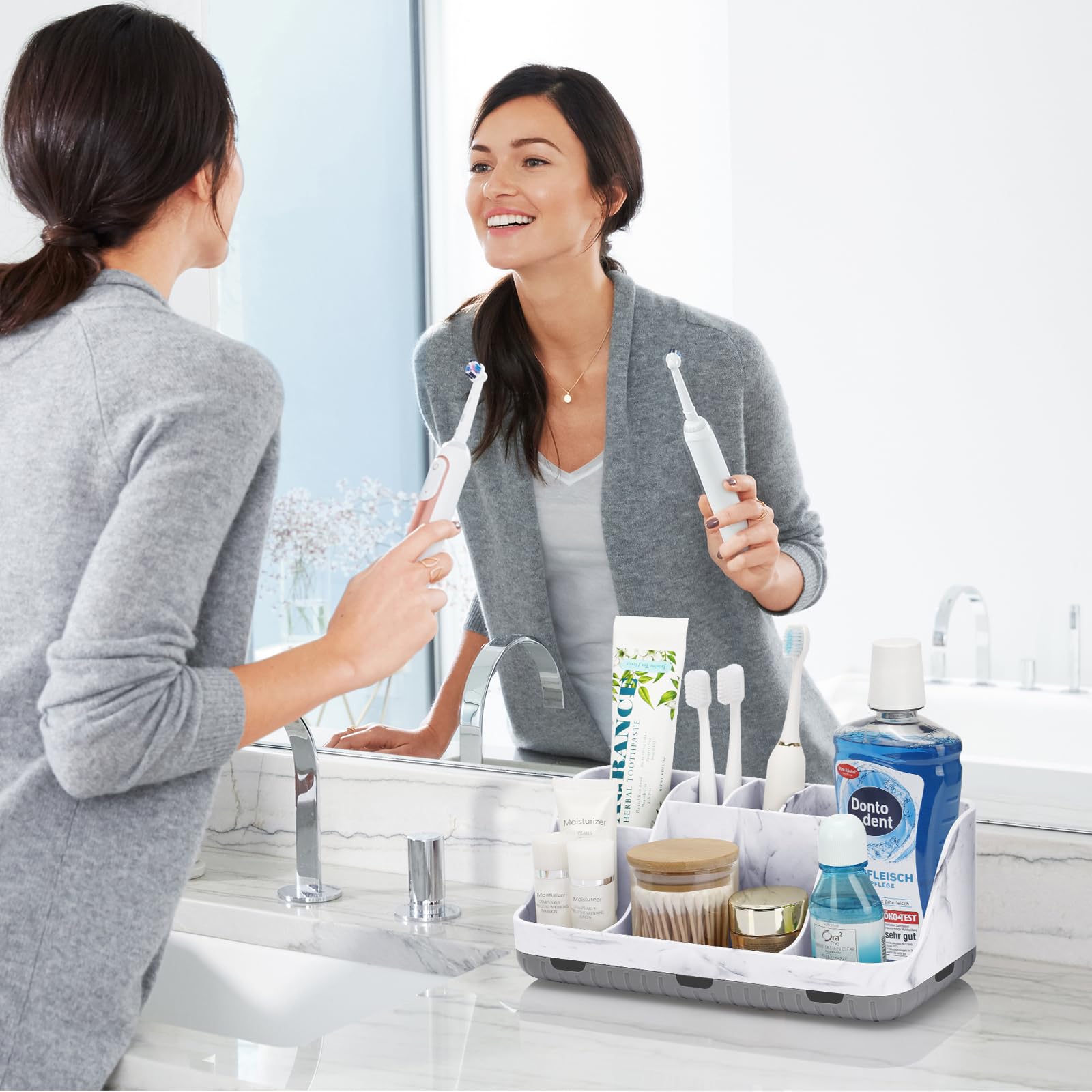 Marble Bathroom Countertop Organizer - Detachable 7-Slot Electric Toothbrush & Toothpaste Holder with Drainage | Bathroom Vanity Storage for Kids & Adults | Perfect for Countertop Organization in Modern Bathrooms (Grey)