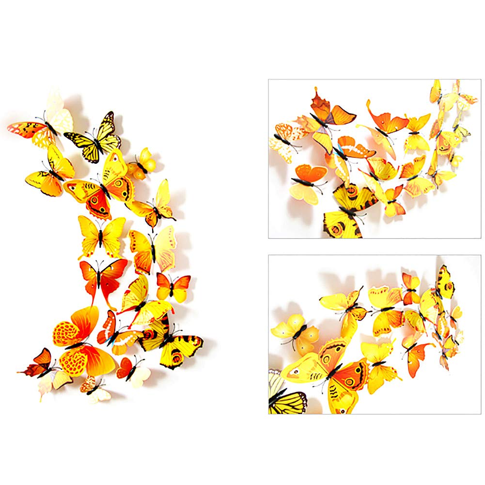24PCS 3D Butterfly Wall Decals - Removable Refrigerator Magnets & Stickers for Kids Room Decor - Home & Bedroom Art Mural in Yellow - Perfect for Nursery, Playroom and DIY Wall Decoration