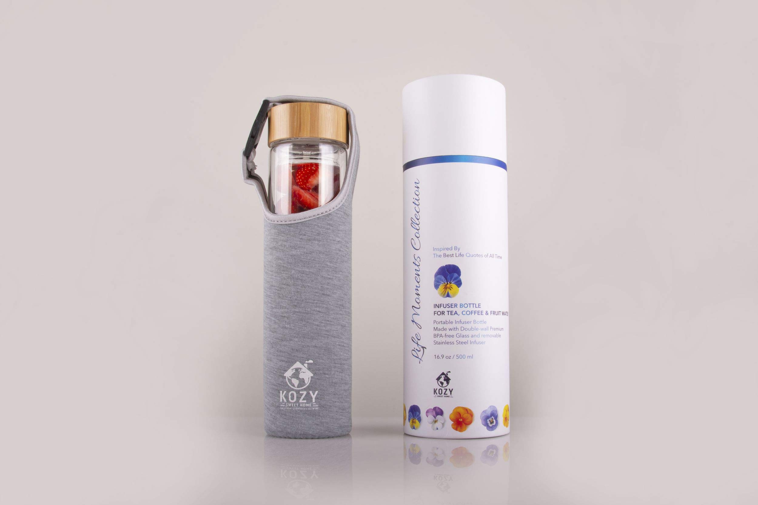 Kozy Kitchen Double Wall Glass Tumbler with Steel Infuser - Insulated for Hot & Cold Drinks - Perfect for Tea, Coffee, Fruit Infused Water - Includes Strainer & Gray Jane Austen Sleeve - Ideal for Home, Office & Travel Use