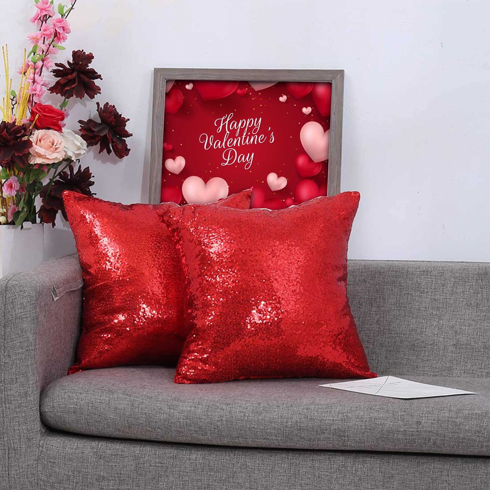 Eternal Beauty Set of 2 Red Sequin Decorative Pillow Covers - 18x18 Inch Throw Pillow Covers for Couch, Sofa & Home Decor - Perfect for Valentine's Day, Christmas & Anniversary Gifts - Adds Glamour to Living Room, Bedroom or Wedding Decor