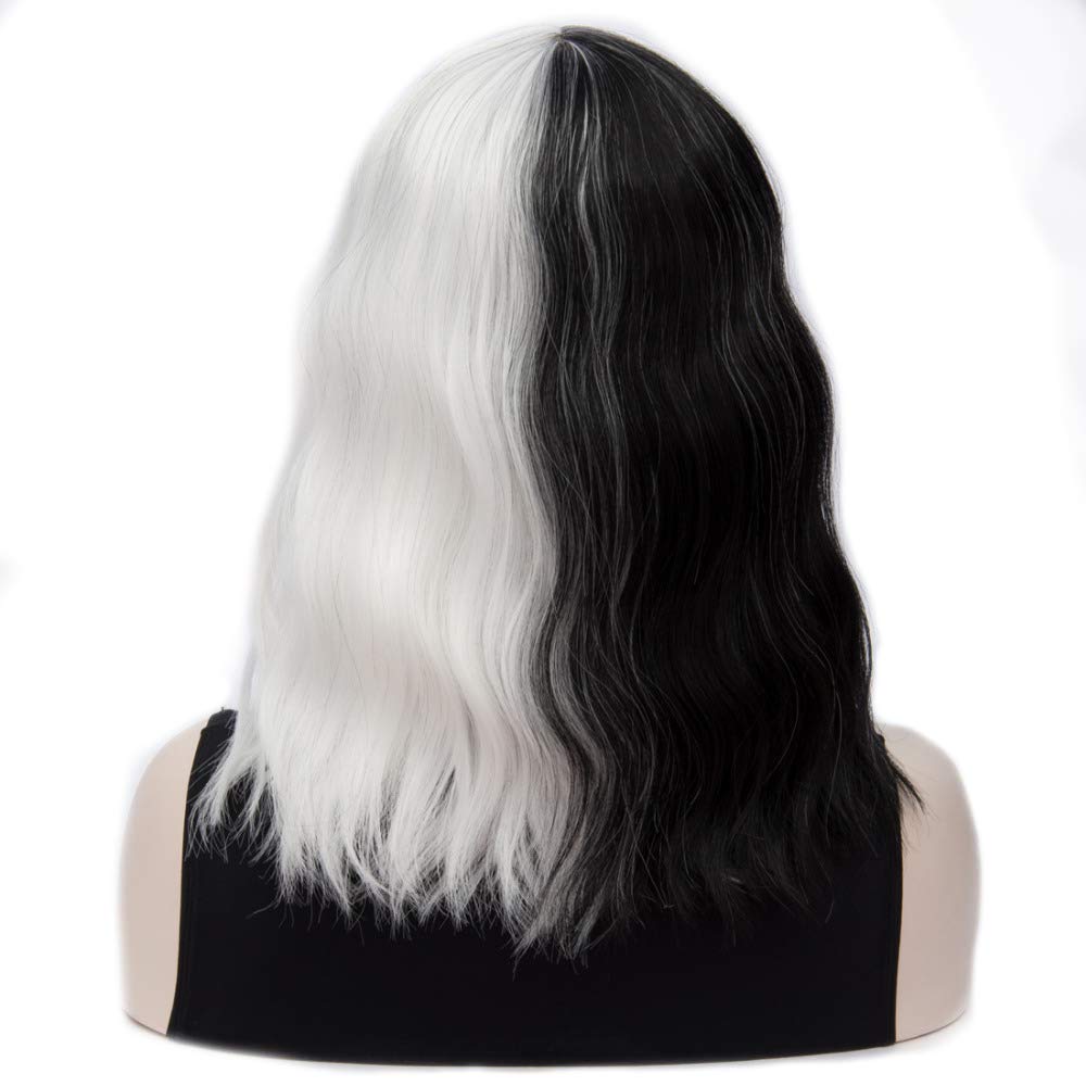 Black White Short Curly Wavy Bob Wig with Bangs - Synthetic Cosplay Costume Wig for Women - Perfect for Halloween Parties, Cosplay Events & Themed Dress-Up