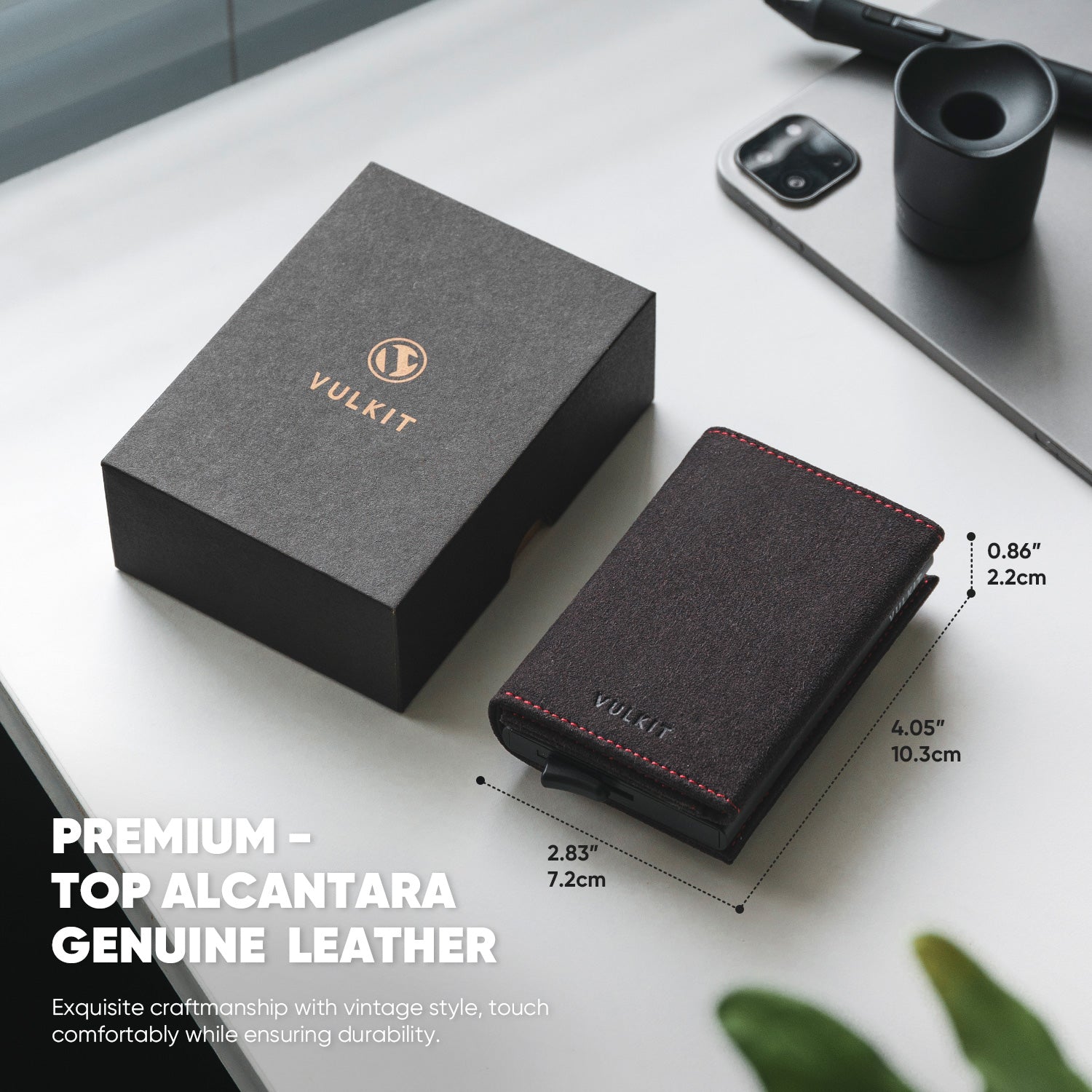 VC203A Genuine Alcantara Leather Tri-Fold Wallet with Back Zipper Slot & Magnetic Closure - Slim RFID Blocking Wallet for Men, Perfect for Travel, Business & Everyday Carry