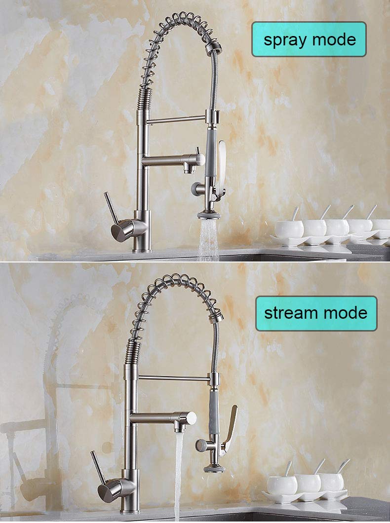 Modern Commercial Lead-Free Solid Brass Kitchen Sink Faucet - Single Handle Spring Pull Down Sprayer in Brushed Nickel (FC1011A) - Perfect for Restaurants, Home Kitchens & RV Use