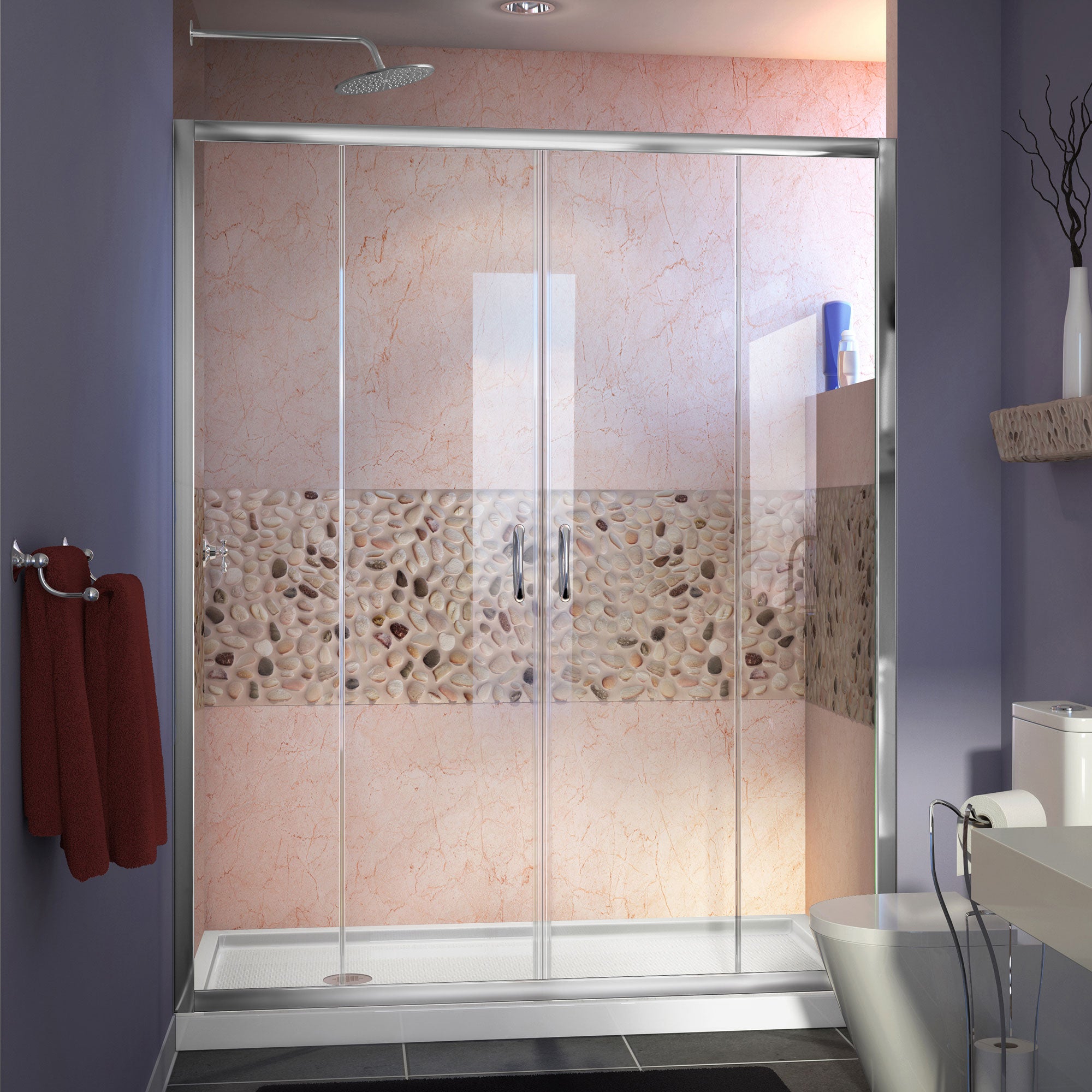 DreamLine Visions 30x60x74.75 Inch Brushed Nickel Sliding Shower Door with Right Drain & White Shower Base - Frameless Glass Enclosure for Modern Bathroom Renovation
