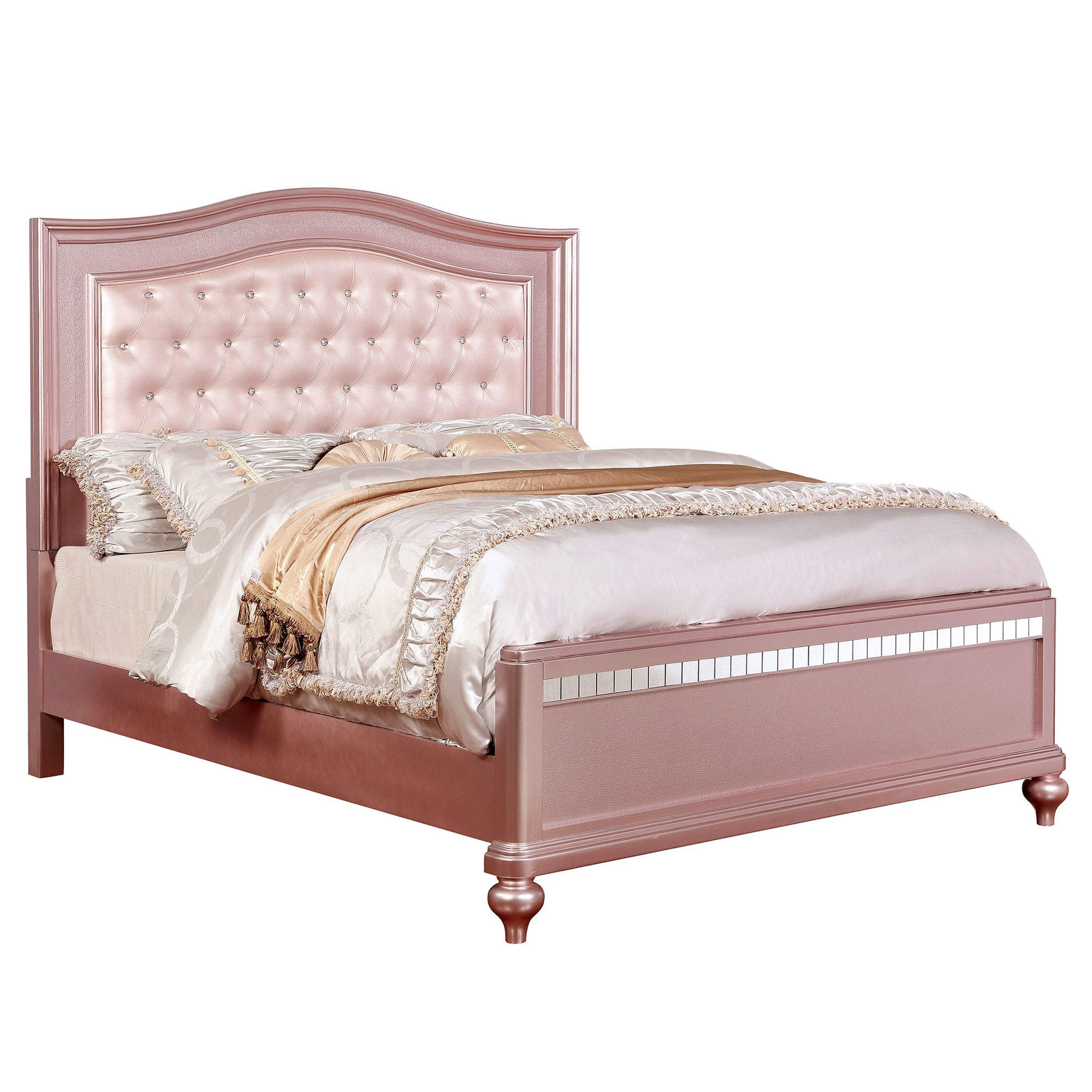 Benjara Twin Size Wooden Bed with Mirror Trim & Camelback Headboard in Pink - Perfect for Girls' Bedroom, Guest Room & Small Space Decor