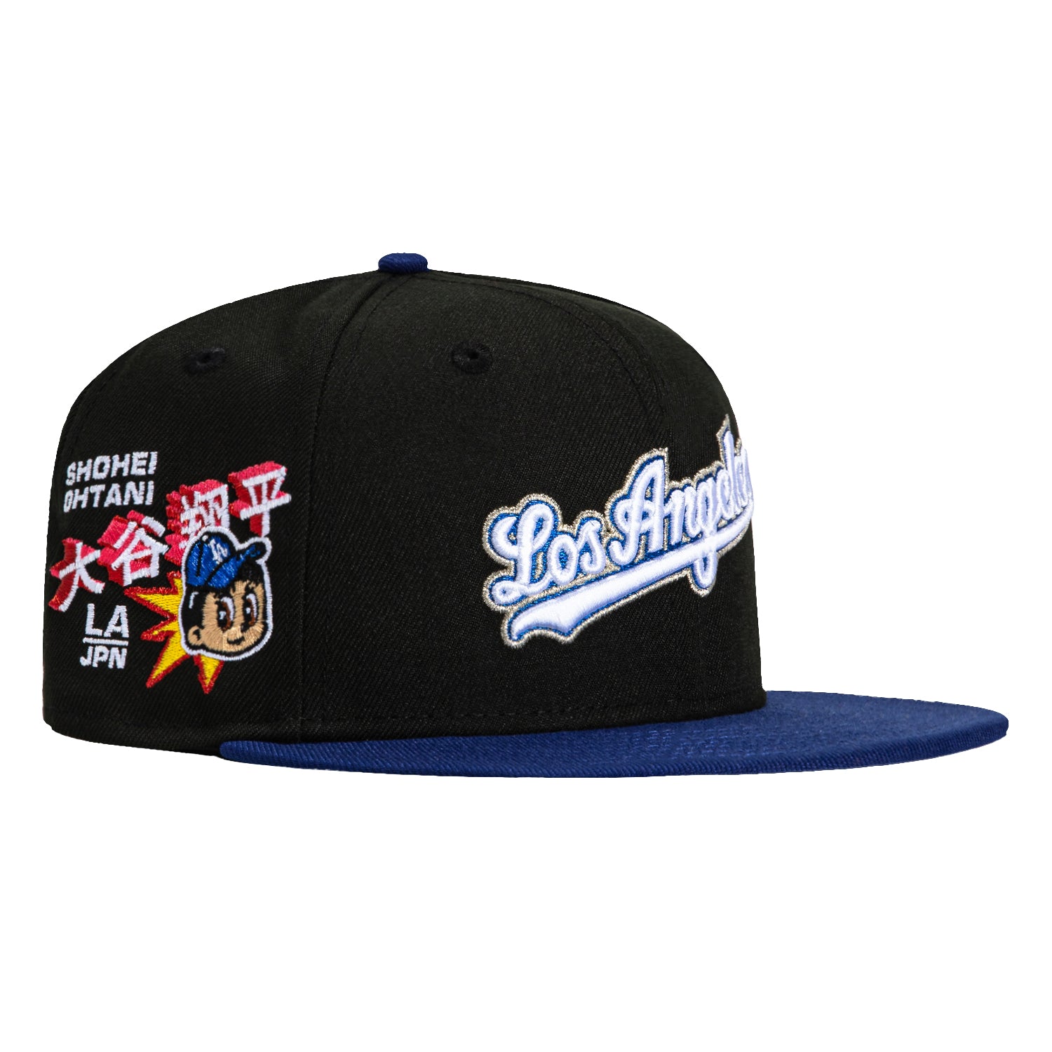 New Era 59Fifty Los Angeles Dodgers Shohei Ohtani Anime Patch Script Fitted Baseball Cap - Black/Royal - Official MLB Licensed Hat for Baseball Fans & Anime Lovers