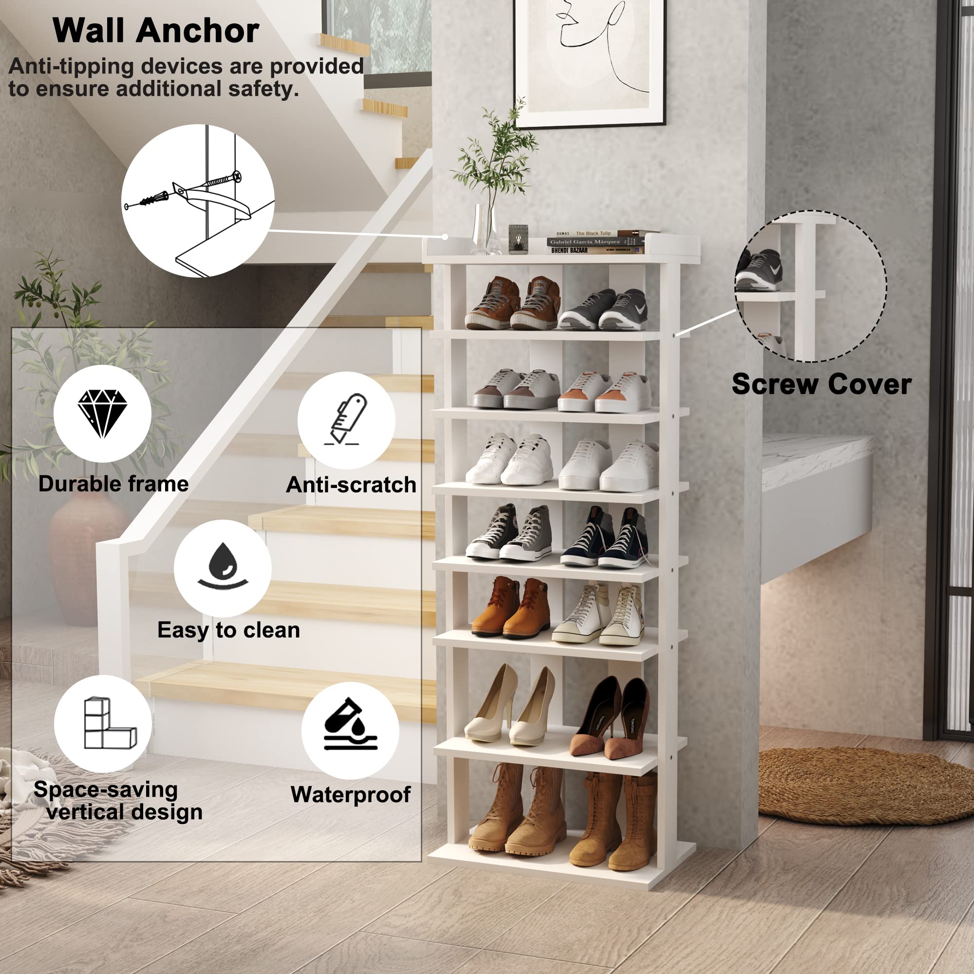 HOMEFORT 7-Tier Wooden Shoe Rack Organizer - Double Row Shoe Storage Shelf for Entryway, Closet & Bedroom - Space Saving Vertical Shoe Tower for Narrow Spaces - Perfect for Hallway, Mudroom & Apartment Organization (White)