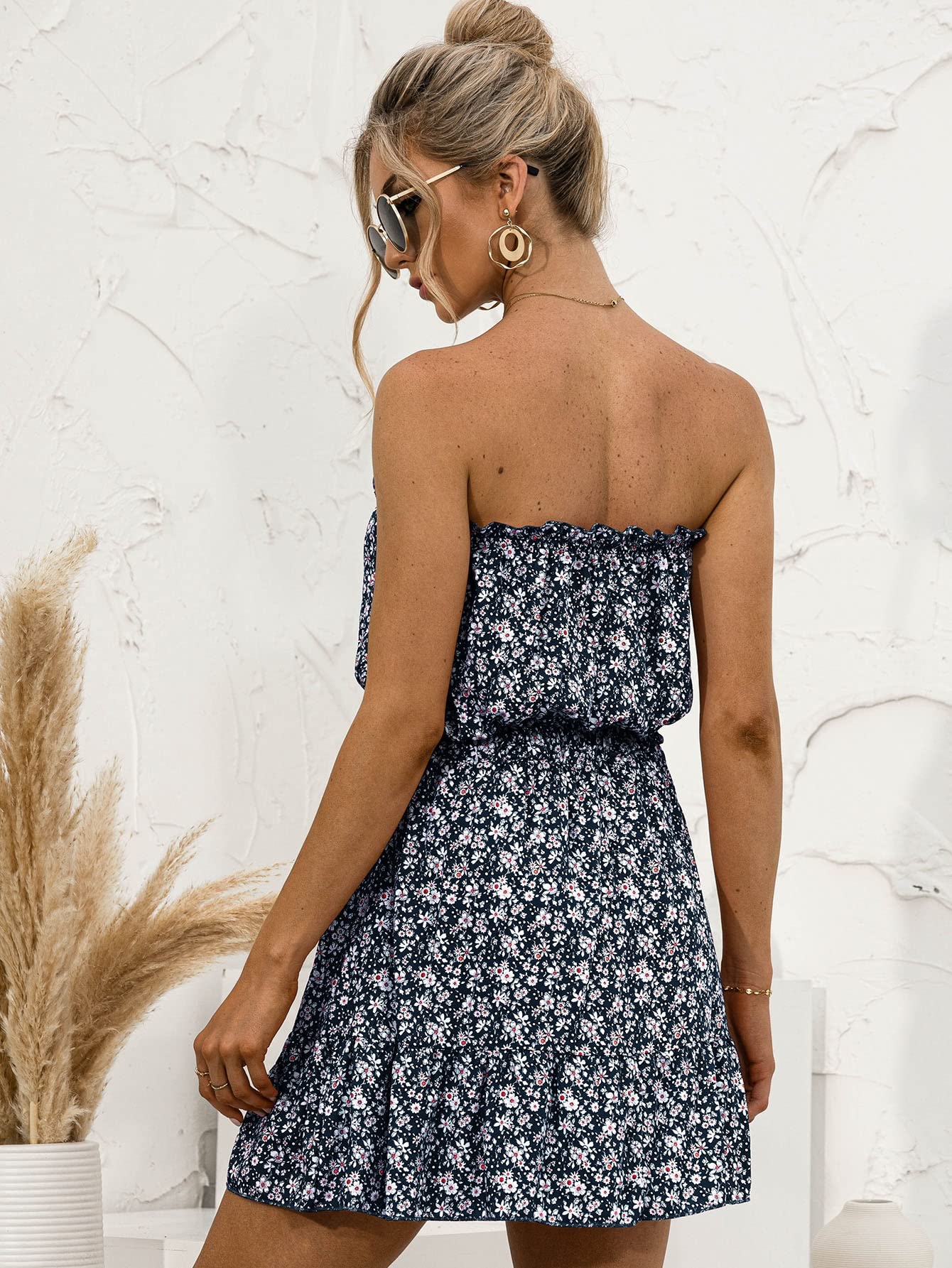 2022 Women's Floral Print Knot Ruffle Hem Tube Dress - Cute Mini Summer Party & Beach Dress for Casual Outings, Vacations, and Night Out
