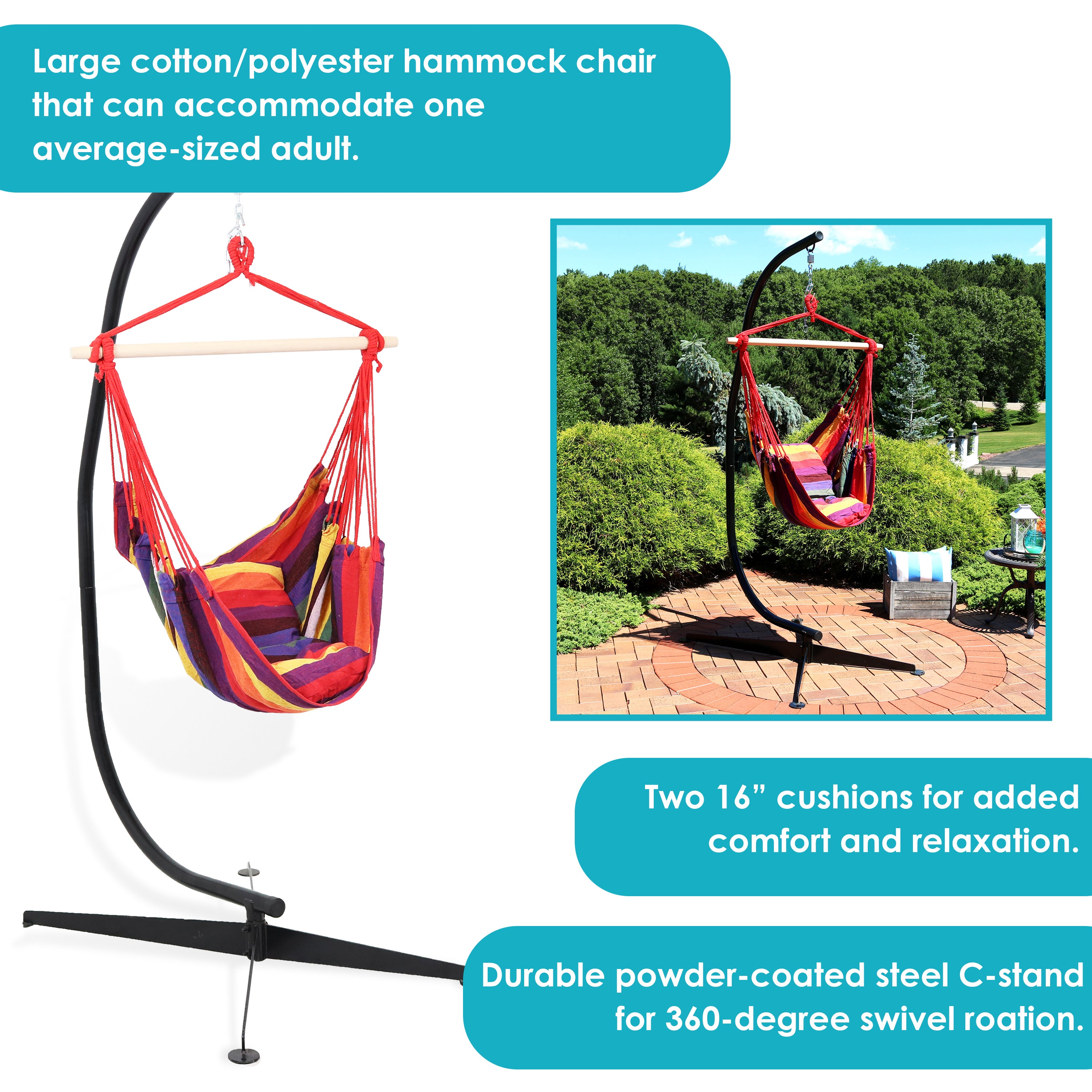 Sunnydaze Outdoor Hanging Hammock Chair with C Stand - Heavy Duty Cotton Rope Swing Seat for Patio, Garden, Backyard & Porch Relaxation