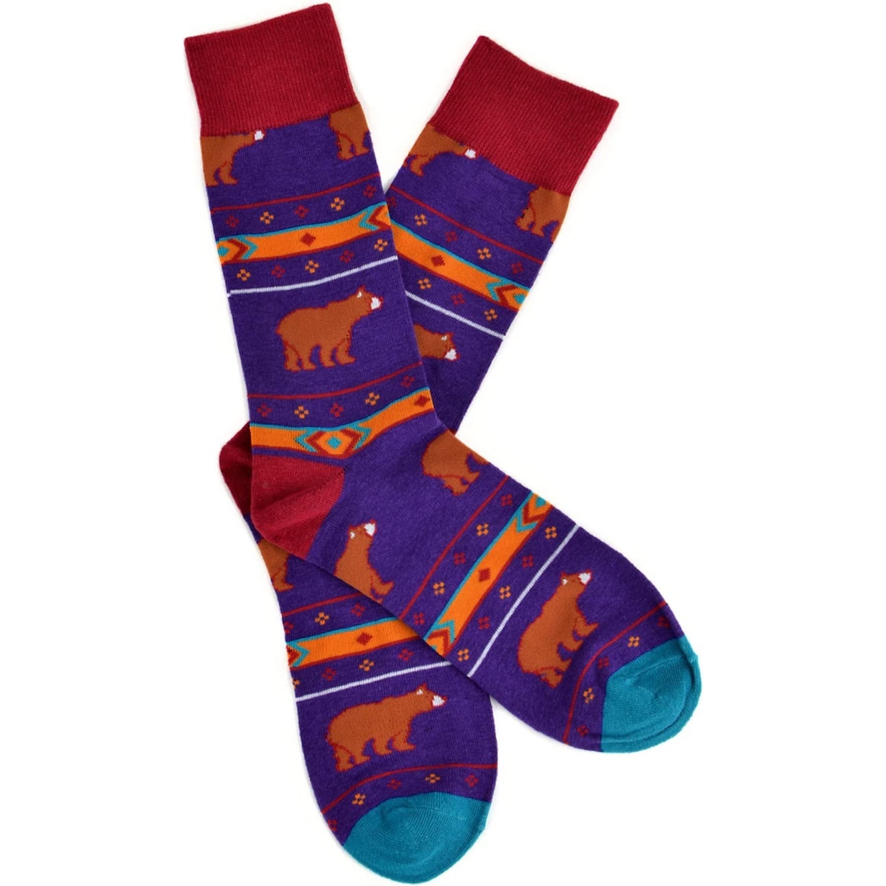 Men's Aztec Bear Pattern Novelty Crew Socks - Purple | Fun & Mysterious Design | Perfect for Casual Wear, Gifts & Costume Parties