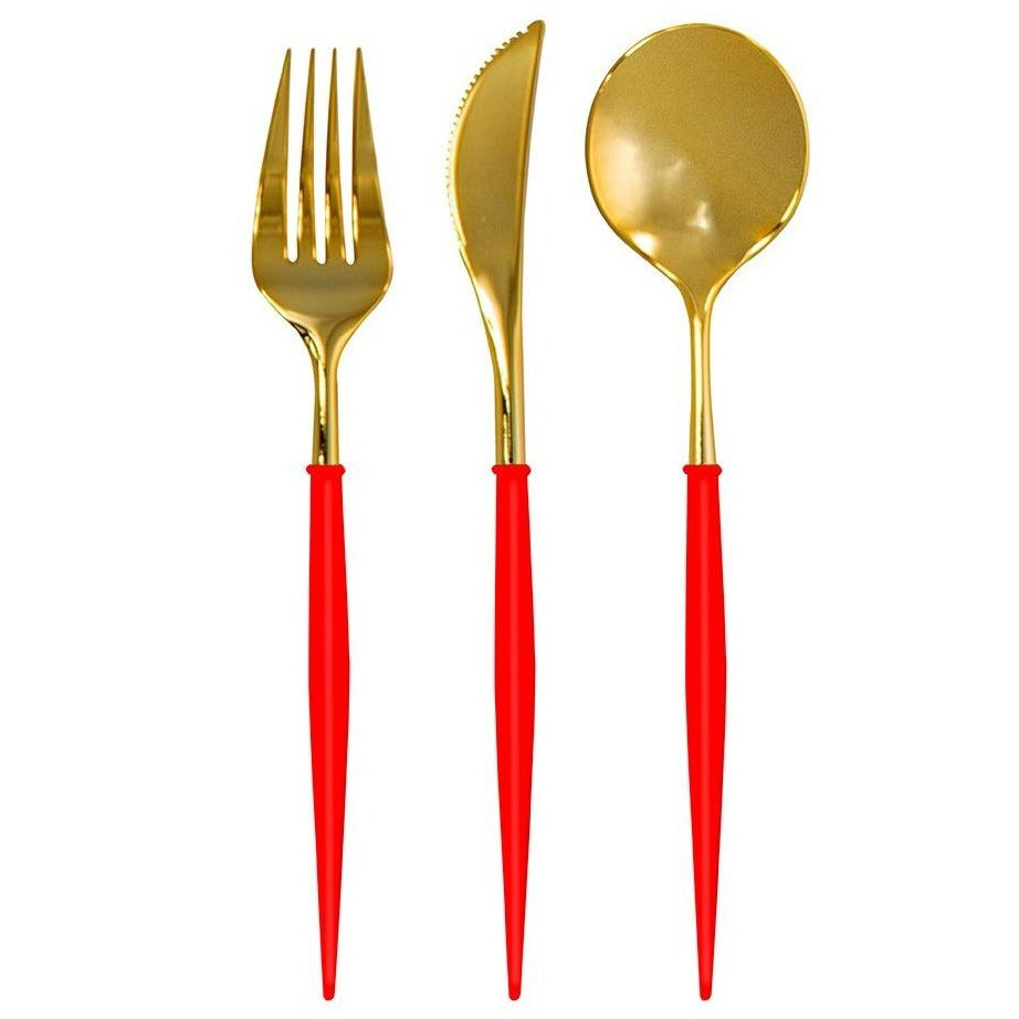 Premium Red & Gold Plastic Cutlery Set - 36-Piece Disposable Silverware for Parties, Weddings & Events - Service for 12 - Elegant Dining Utensils for Catering, Picnics & Special Occasions