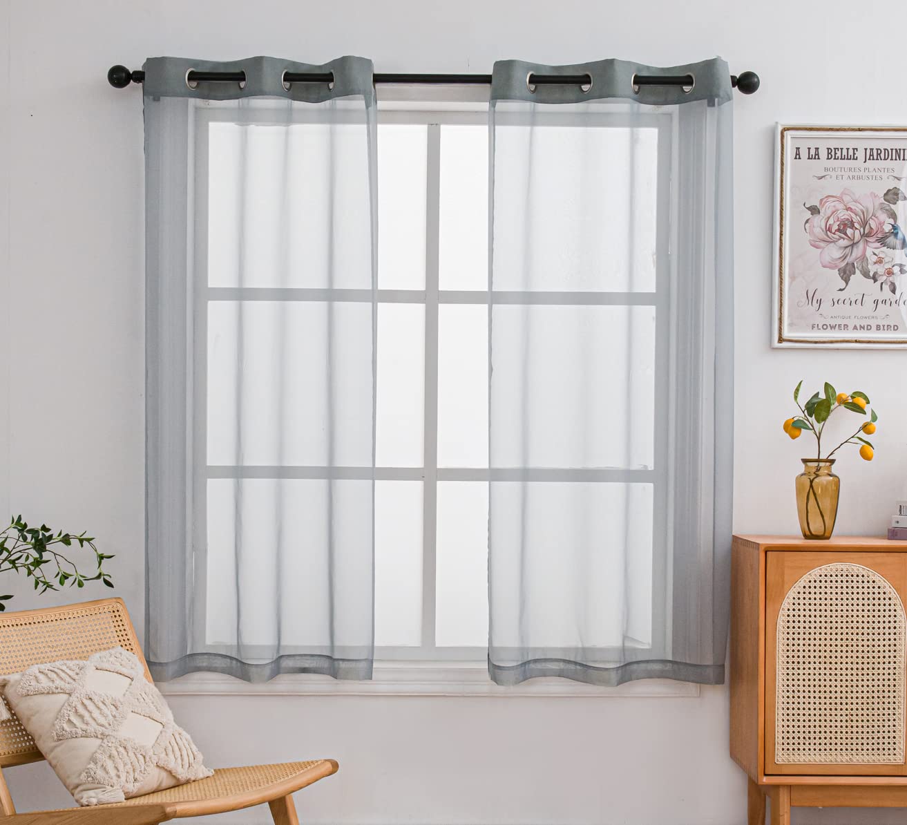 Grey Sheer Curtains 63 Inch Length with Ring Top - Light Filtering Voile Window Panels for Office & Kitchen (Set of 2, 42