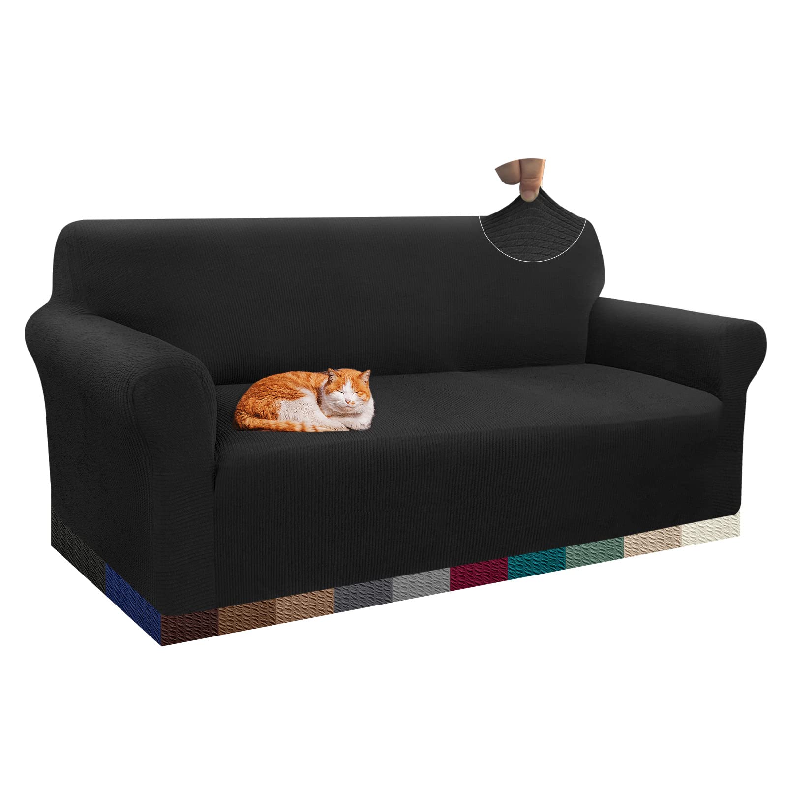 Pepibear Stretchable Sofa Cover for 3-Cushion Couch - Ultra Thick Elastic Slipcover with Anti-Slip Foam Jacquard Fabric - Perfect for Living Room, Family Room & Home Decor (Large, Black) - Protects Furniture from Pets, Kids & Daily Wear